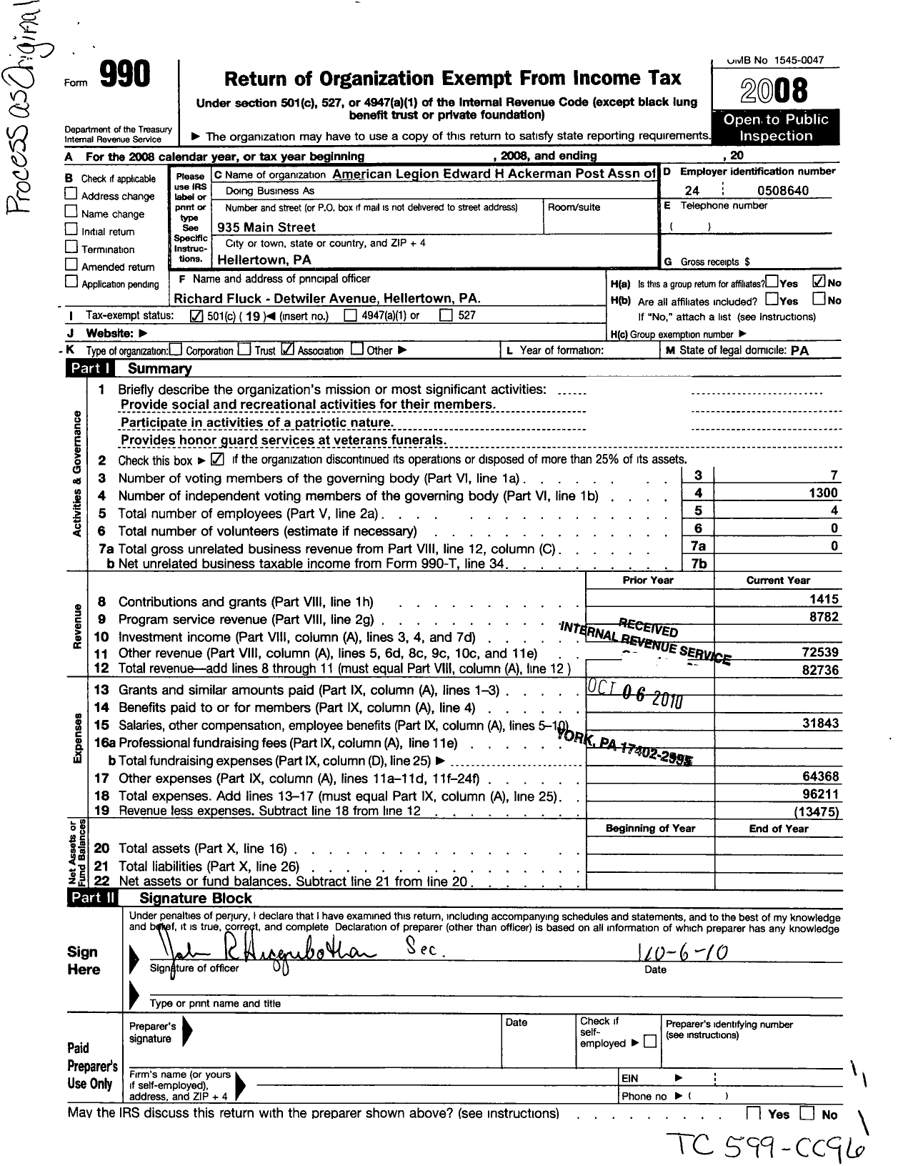 Image of first page of 2008 Form 990O for American Legion Edward H Ackerman Post Association of