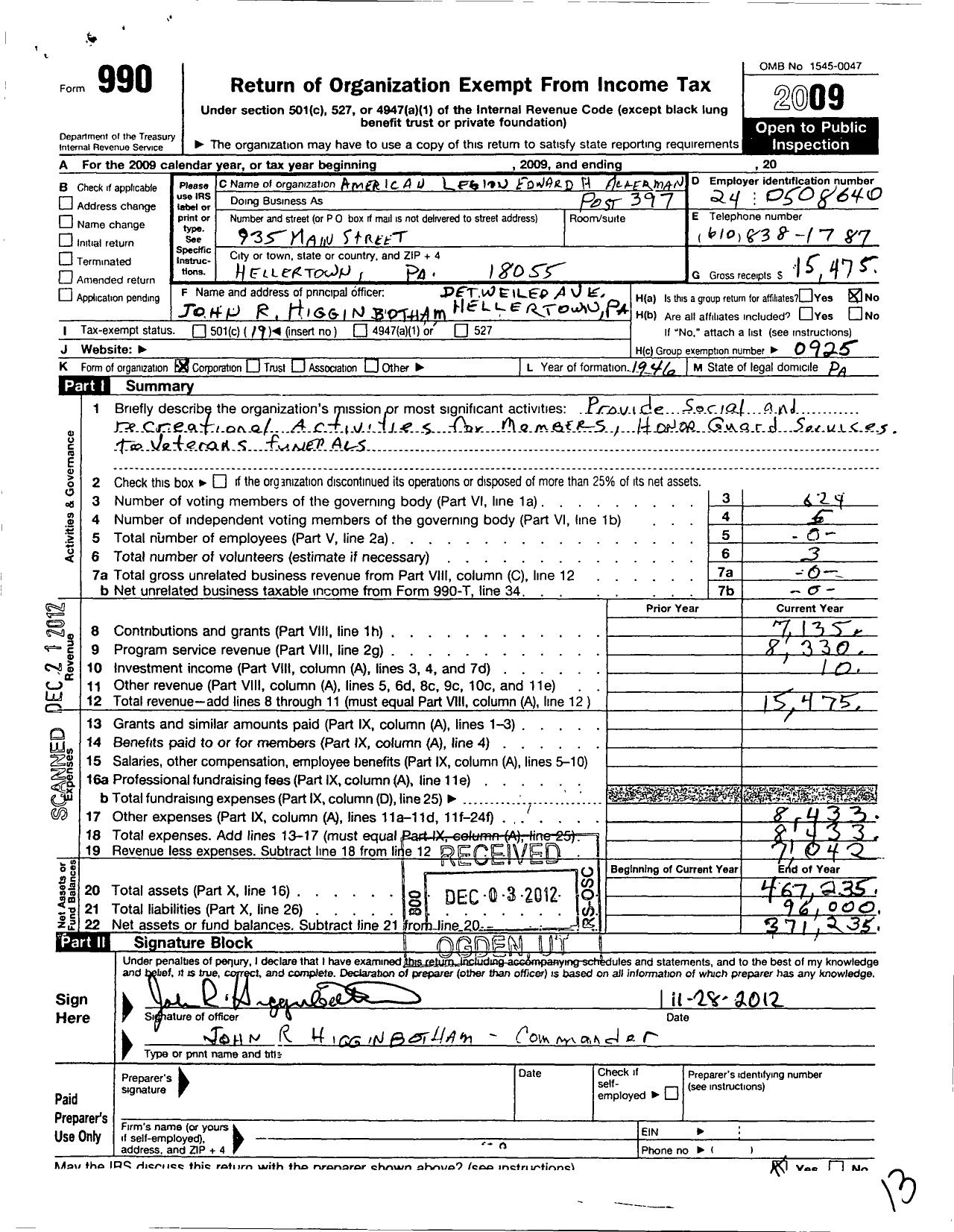 Image of first page of 2009 Form 990O for American Legion Edward H Ackerman Post Association of