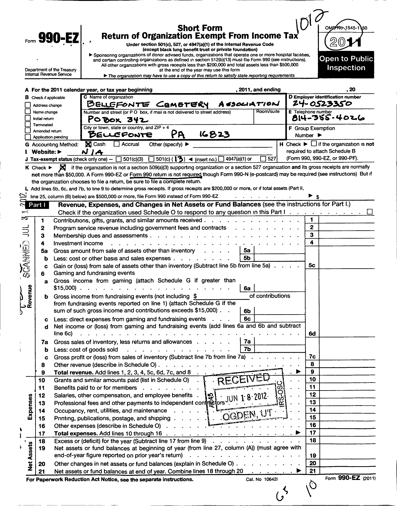 Image of first page of 2011 Form 990EO for Bellefonte Cemetery Association