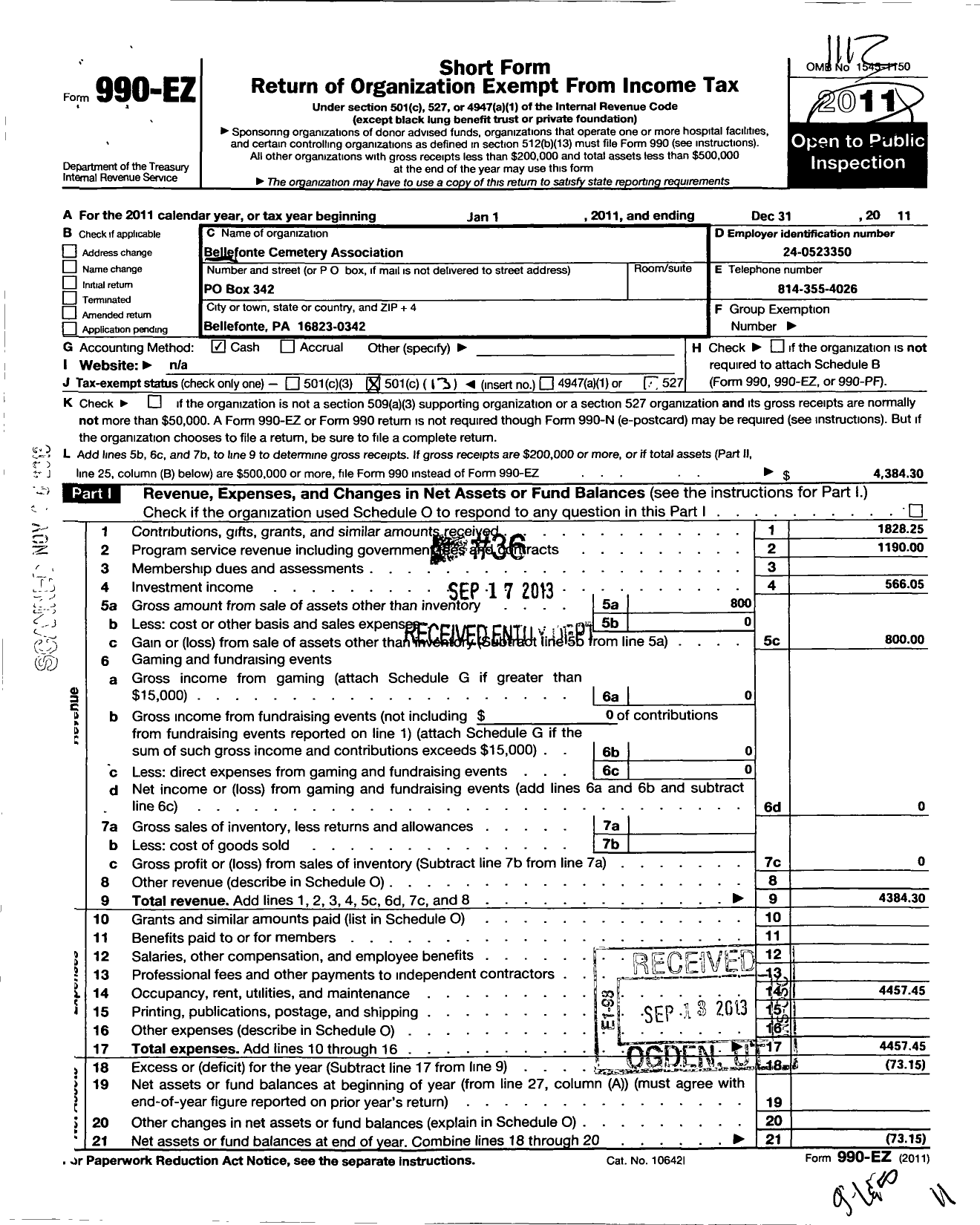 Image of first page of 2011 Form 990EO for Bellefonte Cemetery Association