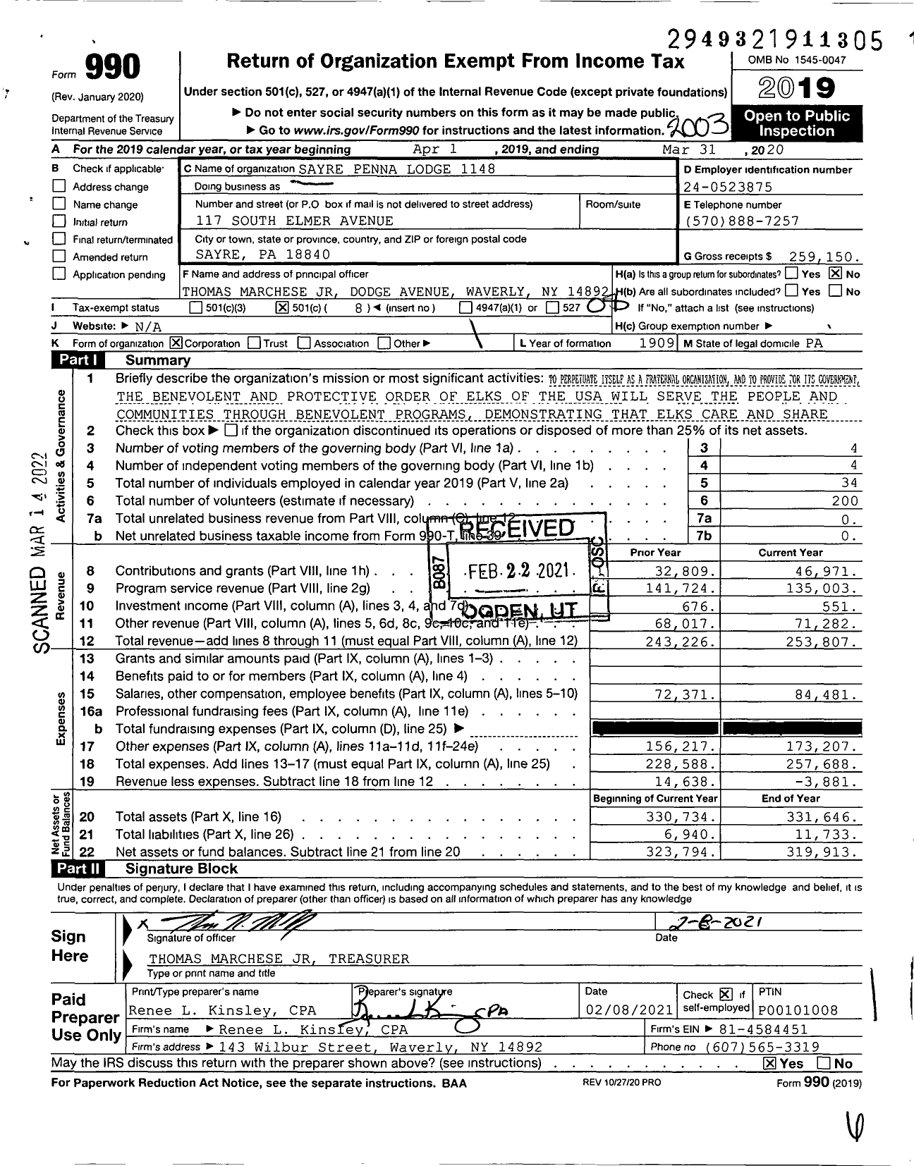 Image of first page of 2019 Form 990O for Benevolent and Protective Order of Elks - 1148 Sayre