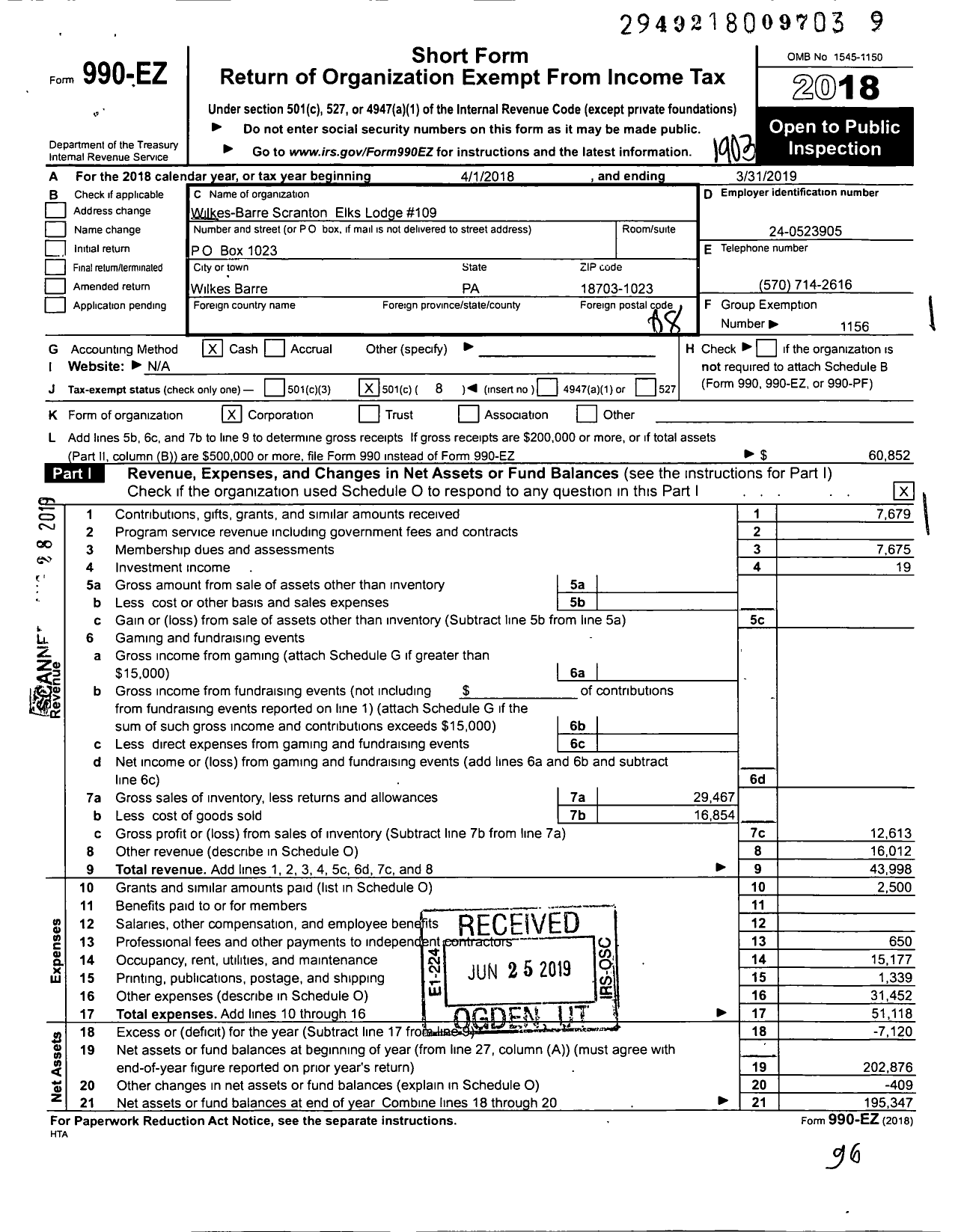 Image of first page of 2018 Form 990EO for Benevolent and Protective Order of Elks - 109 Wilkes Barre-Scranton