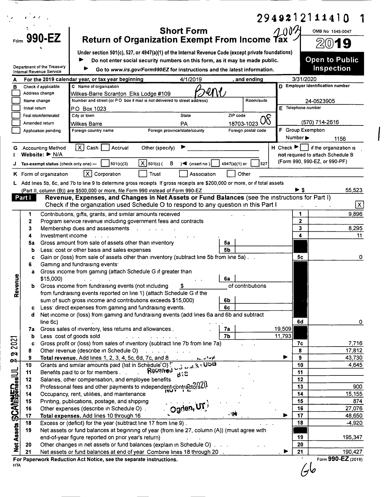 Image of first page of 2019 Form 990EO for Benevolent and Protective Order of Elks - 109 Wilkes Barre-Scranton