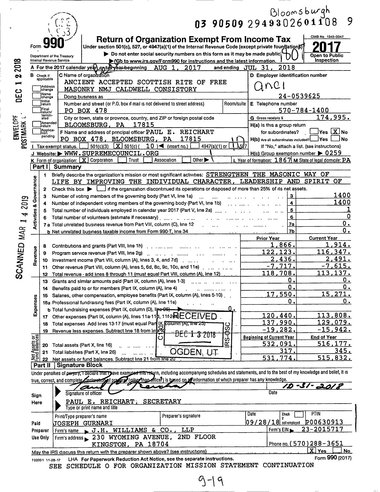 Image of first page of 2017 Form 990O for Scottish Rite, NMJ - Valley of Bloomsburg