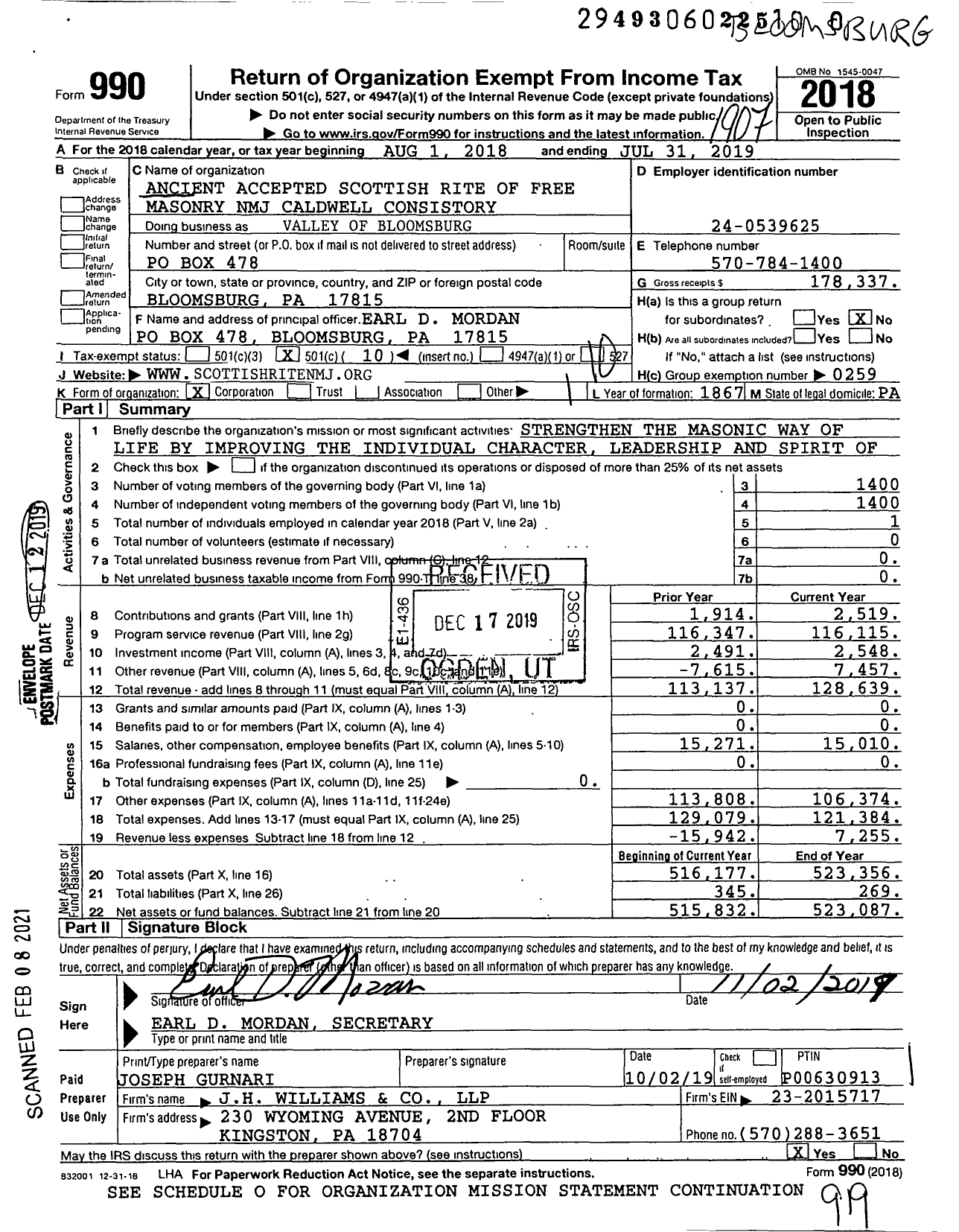 Image of first page of 2018 Form 990O for Scottish Rite, NMJ - Valley of Bloomsburg