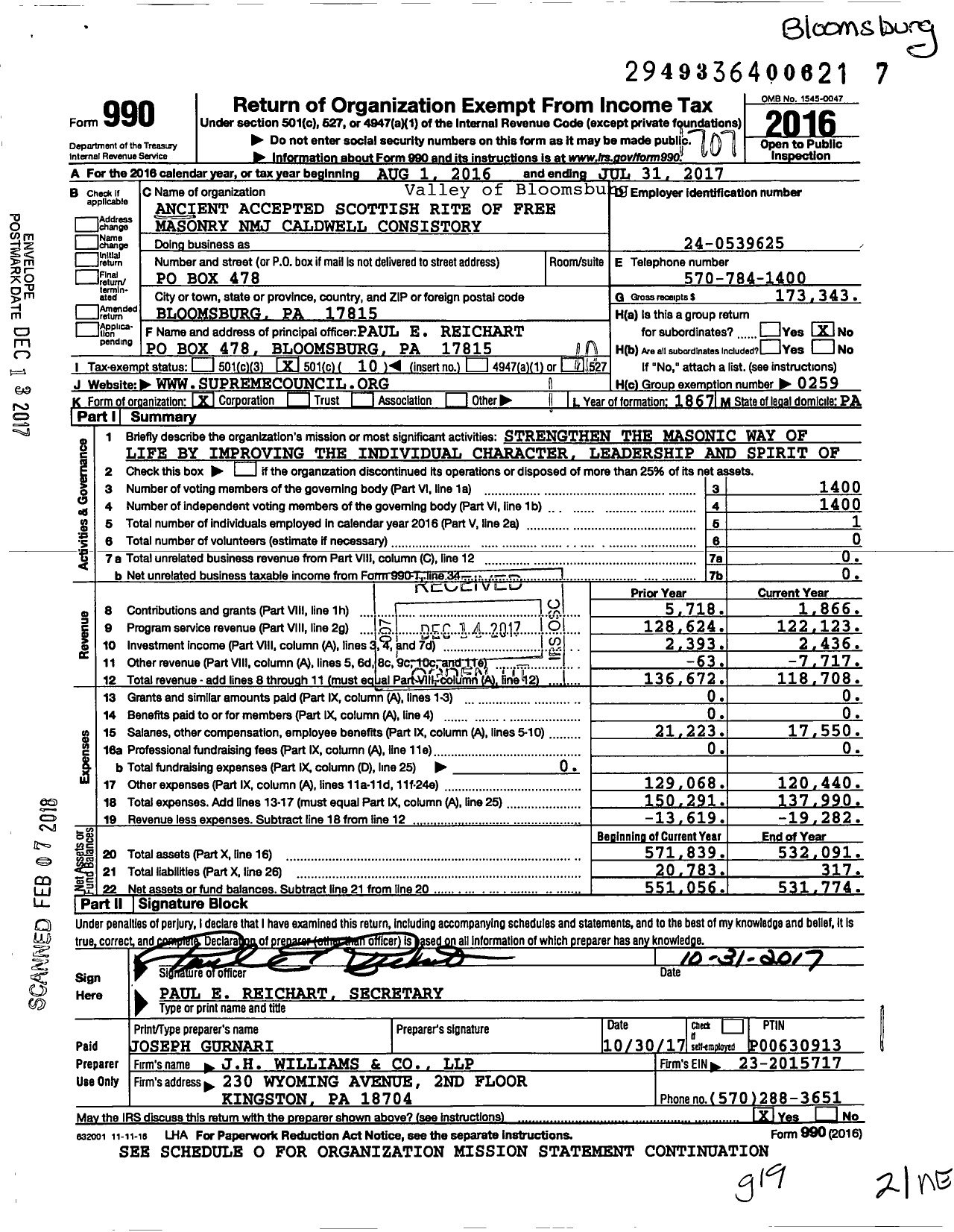 Image of first page of 2016 Form 990O for Scottish Rite, NMJ - Valley of Bloomsburg