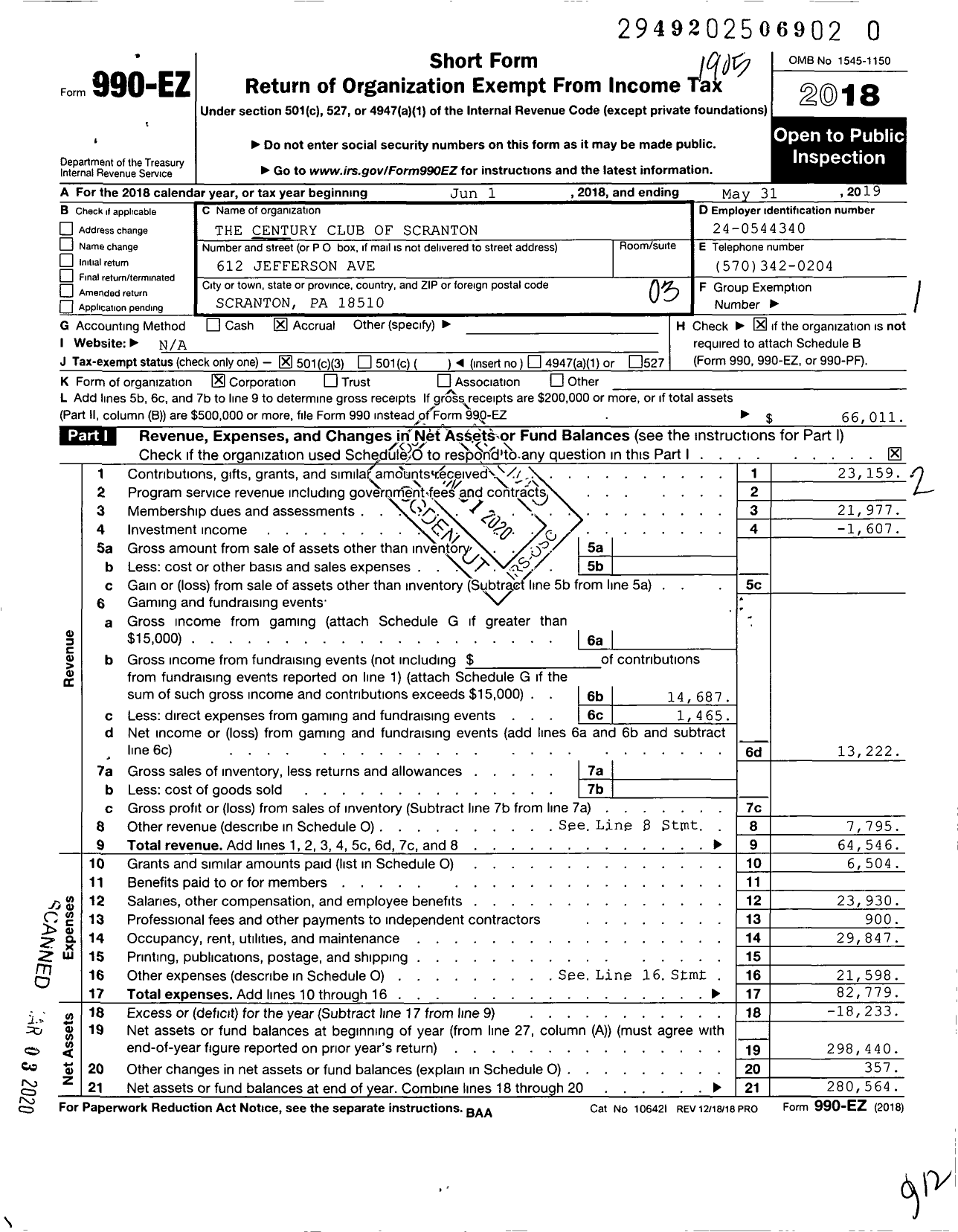 Image of first page of 2018 Form 990EZ for The Century Club of Scranton