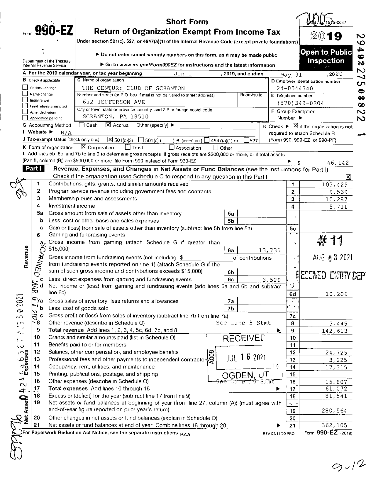 Image of first page of 2019 Form 990EZ for The Century Club of Scranton