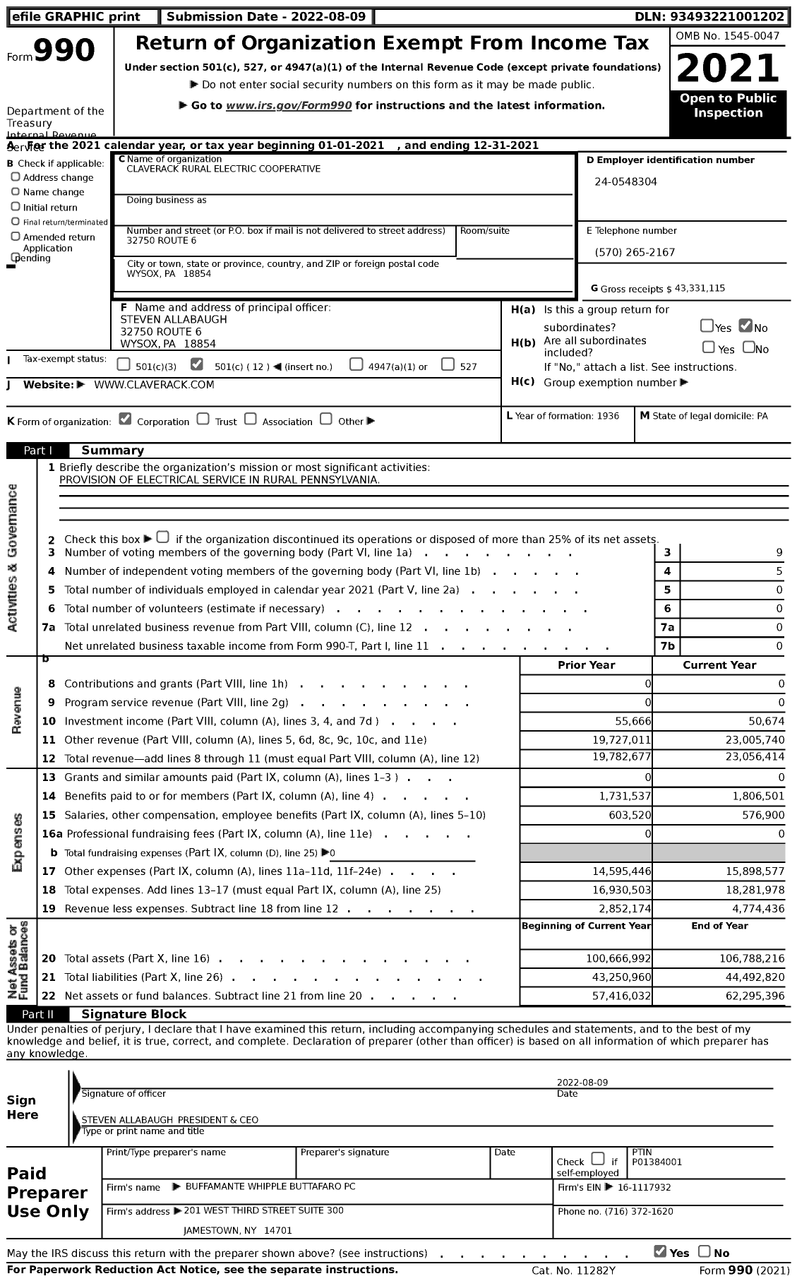 Image of first page of 2021 Form 990 for Claverack Rural Electric Cooperative