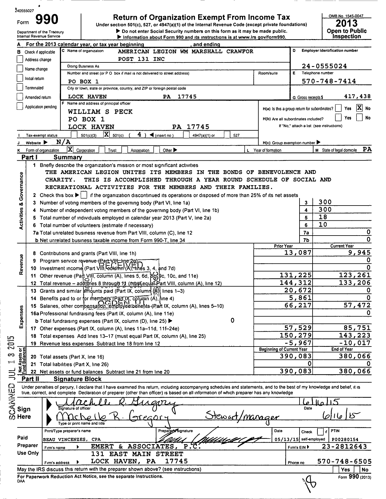 Image of first page of 2013 Form 990O for American Legion WM Marshall Crawford Post 131