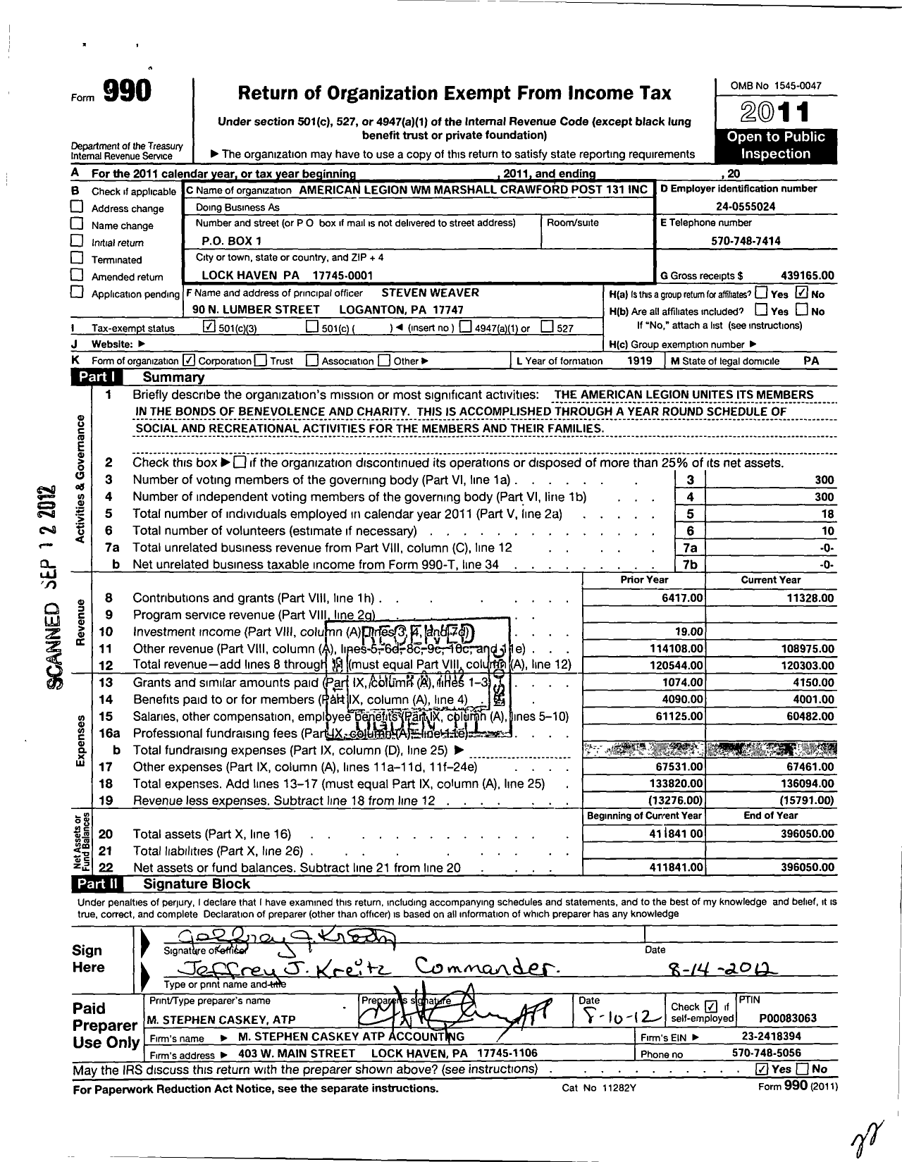 Image of first page of 2011 Form 990 for American Legion WM Marshall Crawford Post 131