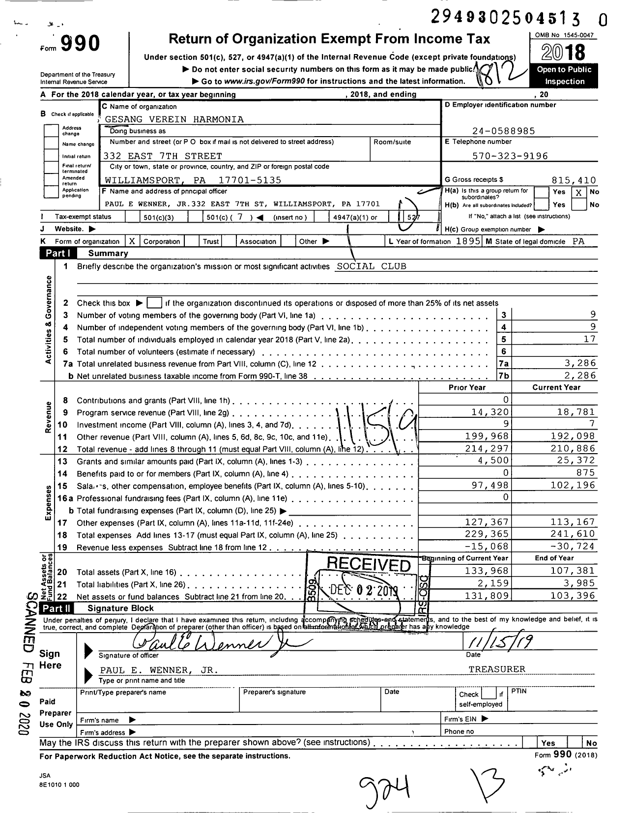 Image of first page of 2018 Form 990O for Gesang Verein Harmonia