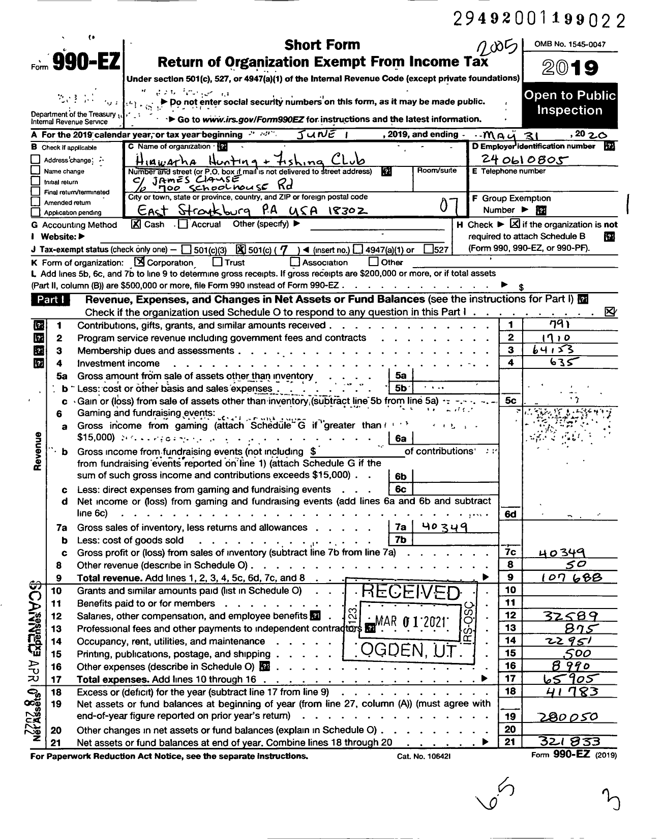 Image of first page of 2019 Form 990EO for Hiawatha Hunting and Fishing Club