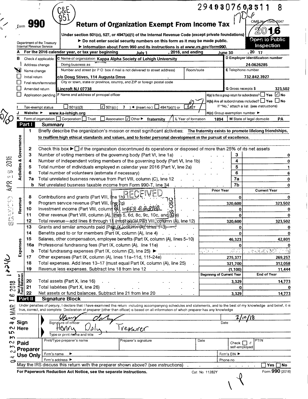 Image of first page of 2016 Form 990O for Kappa Alpha Society