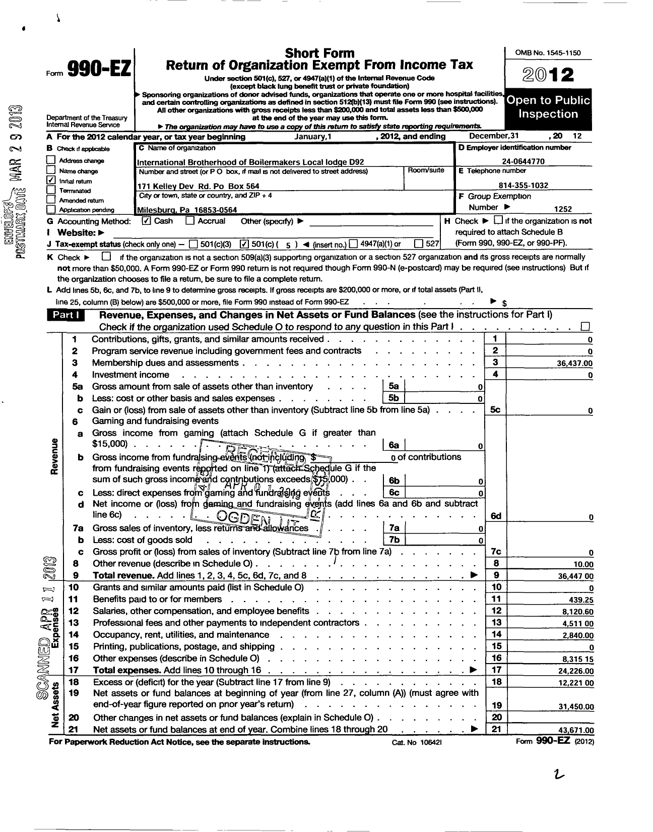 Image of first page of 2012 Form 990EO for International Brotherhood of Boilermakers - D92