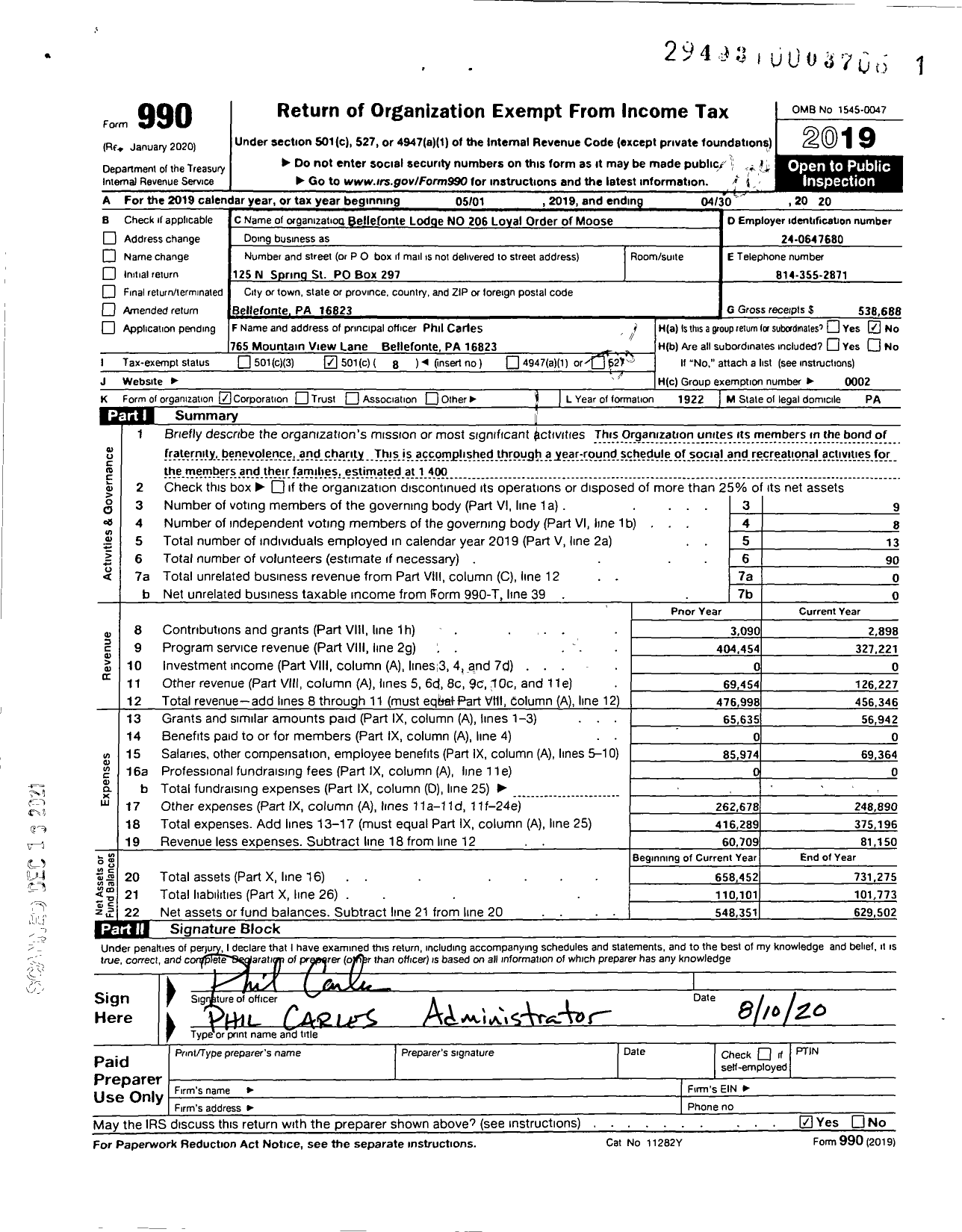 Image of first page of 2019 Form 990O for Bellefonte LODGE NO 206 LOYAL Order of Moose