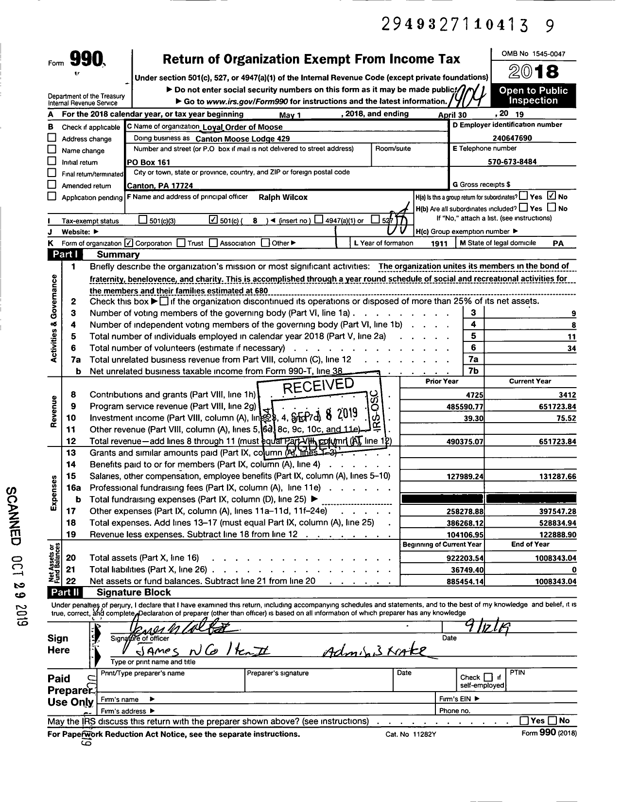 Image of first page of 2018 Form 990O for Loyal Order of Moose - Moose Lodge 429