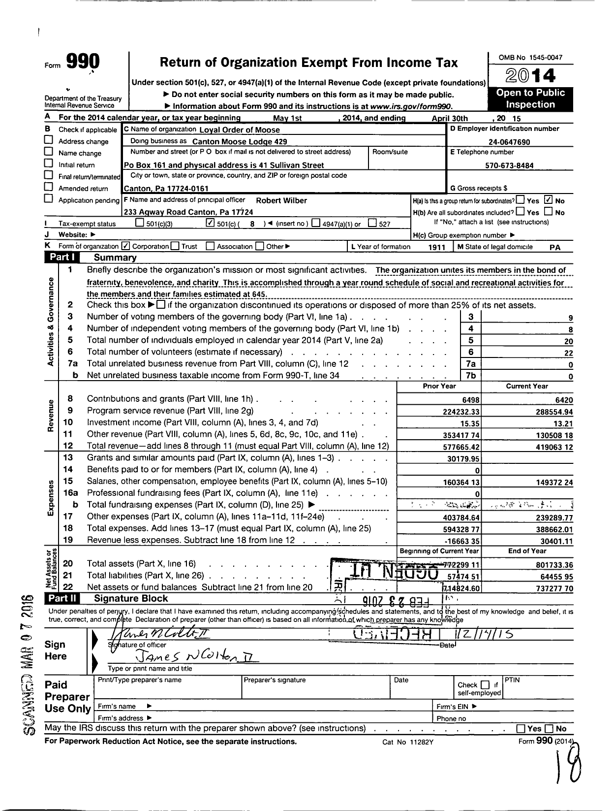 Image of first page of 2014 Form 990O for Loyal Order of Moose - Moose Lodge 429