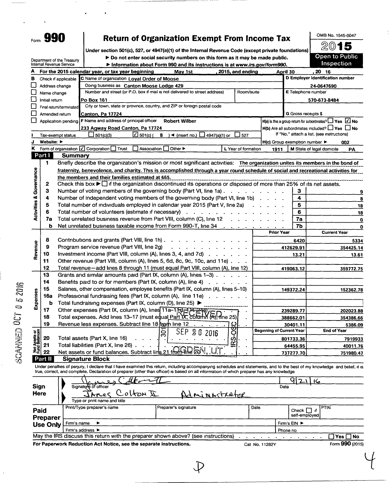 Image of first page of 2015 Form 990O for Loyal Order of Moose - Moose Lodge 429