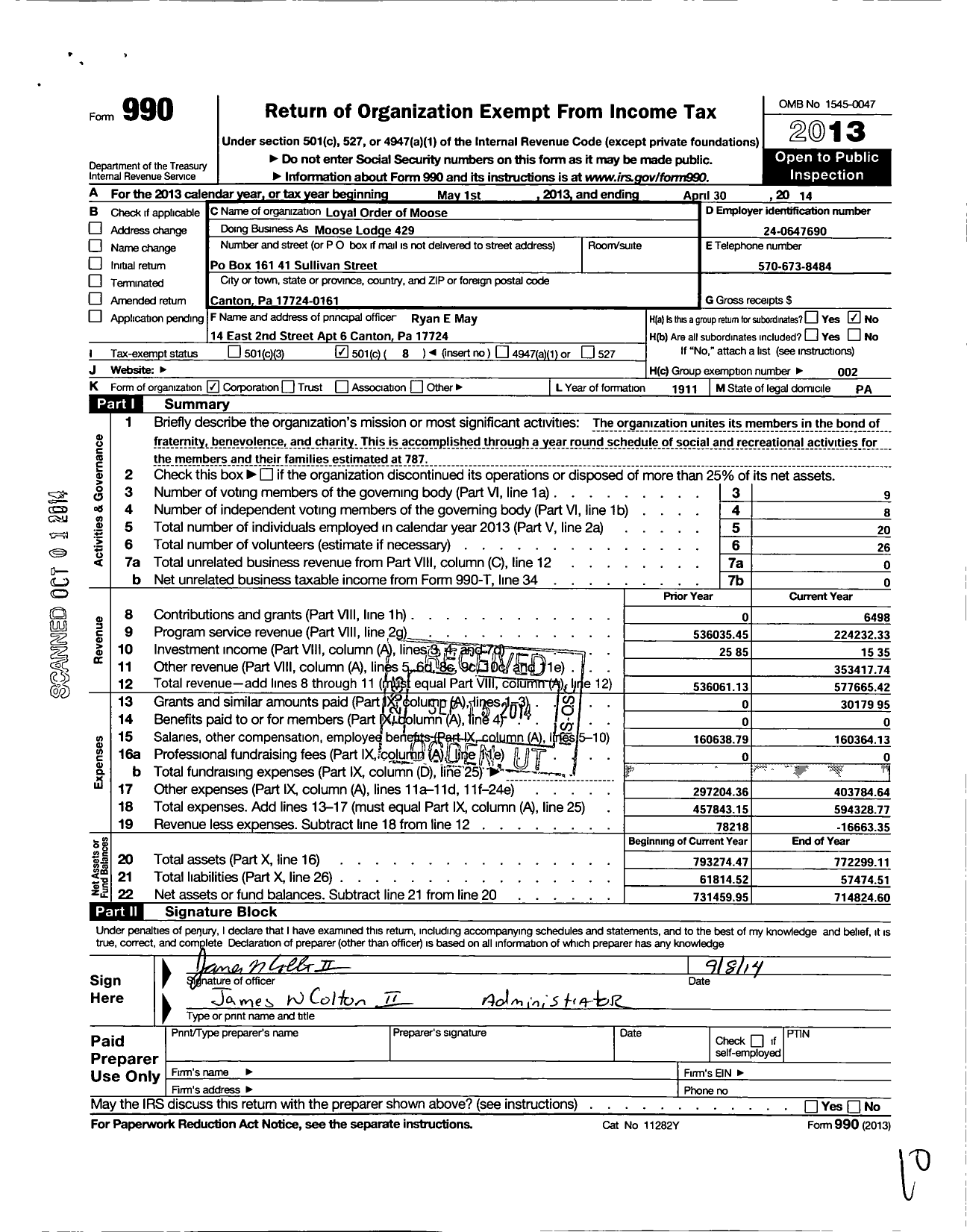 Image of first page of 2013 Form 990O for Loyal Order of Moose - Moose Lodge 429