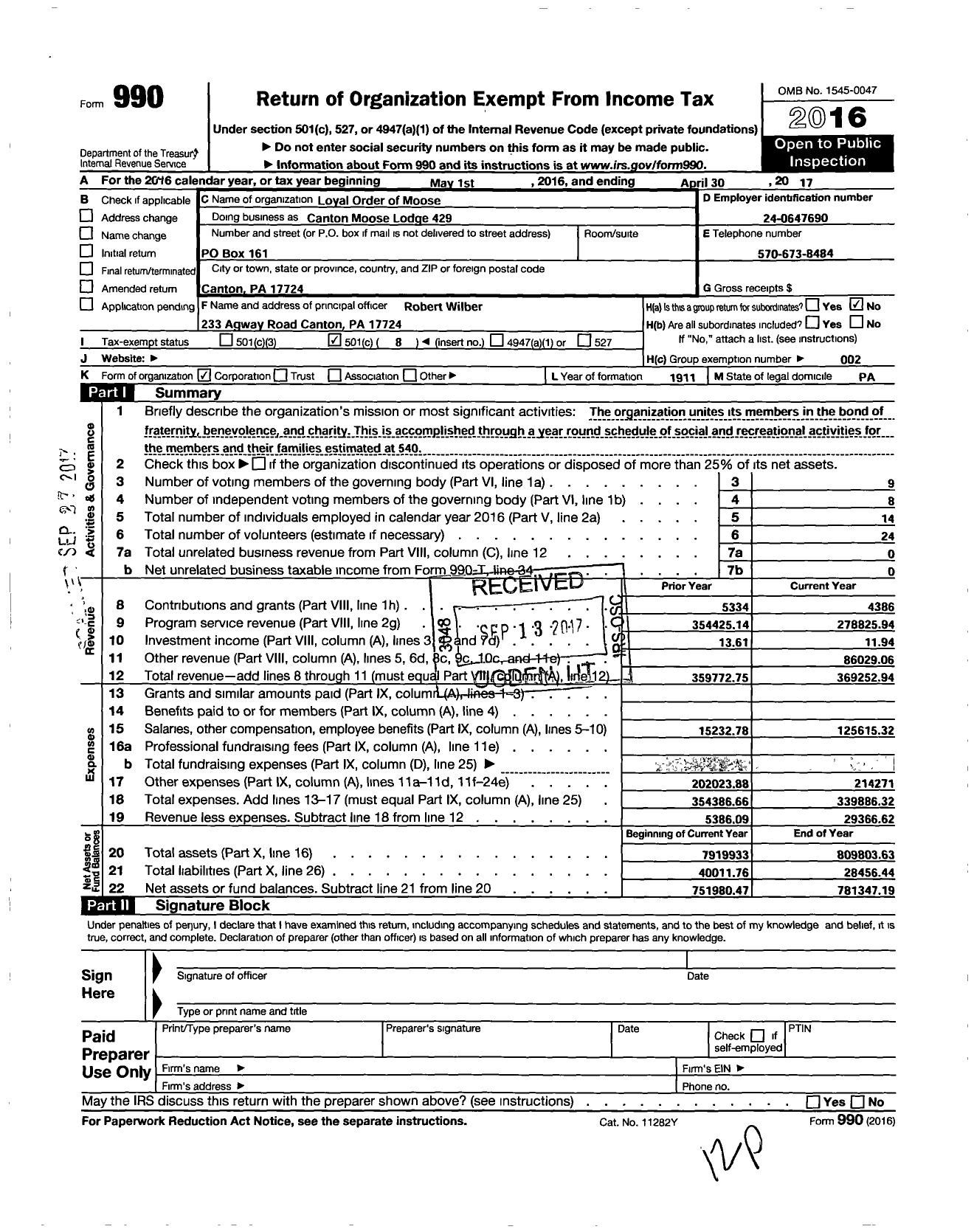 Image of first page of 2016 Form 990O for Loyal Order of Moose - Moose Lodge 429