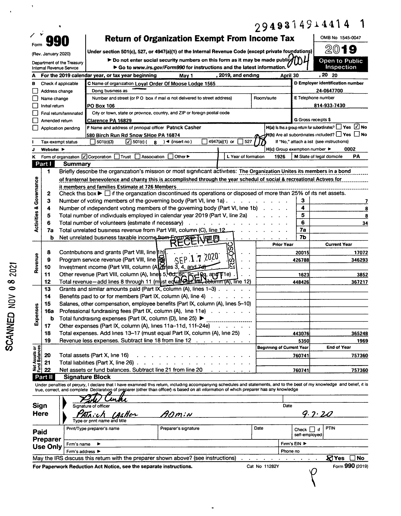 Image of first page of 2019 Form 990O for Loyal Order of Moose - 1565