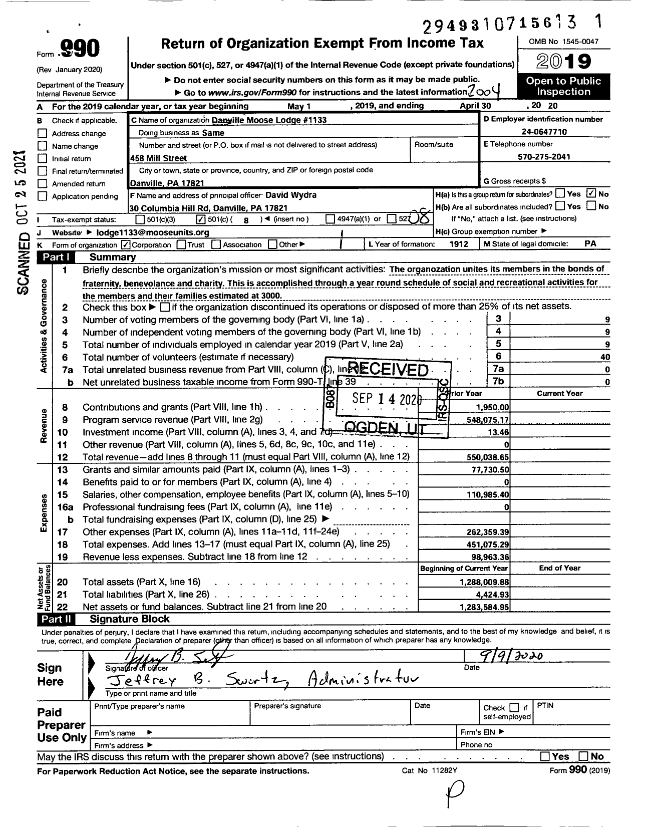 Image of first page of 2019 Form 990O for Loyal Order of Moose - 1133