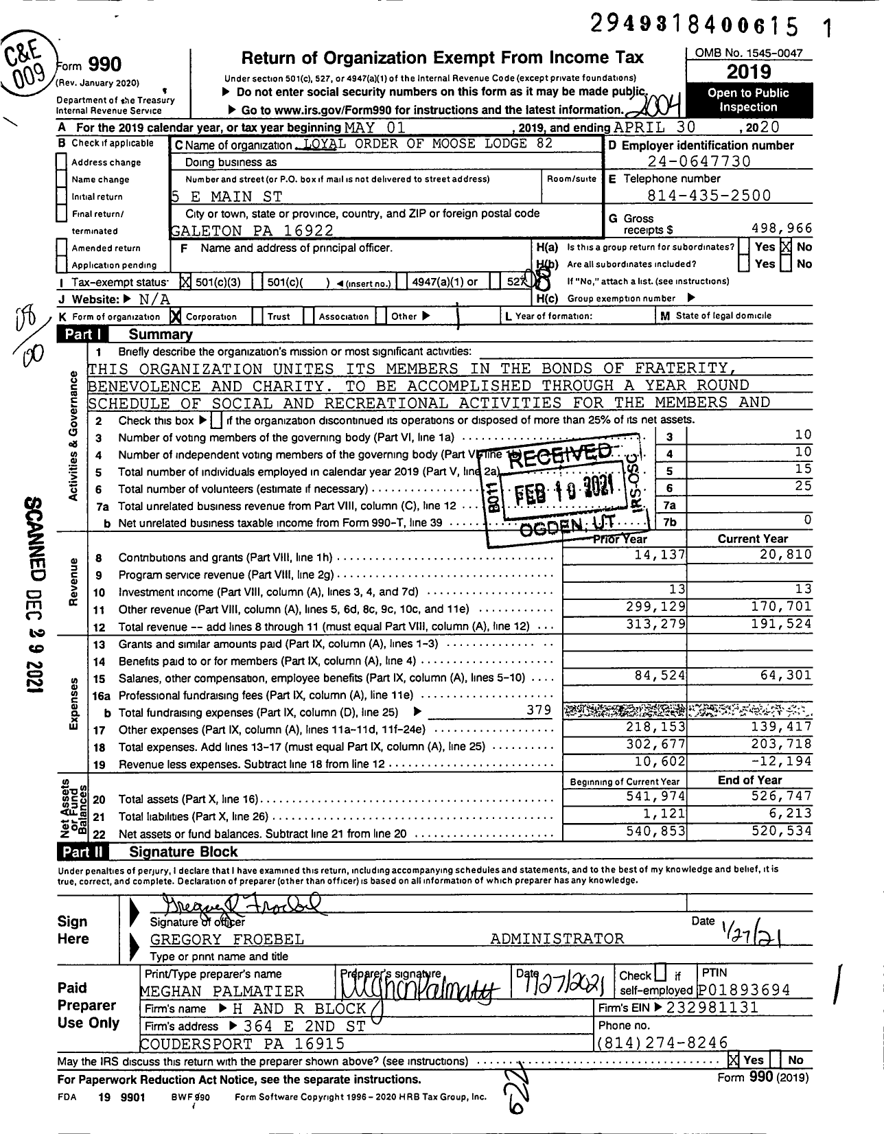 Image of first page of 2019 Form 990O for Loyal Order of Moose - 826