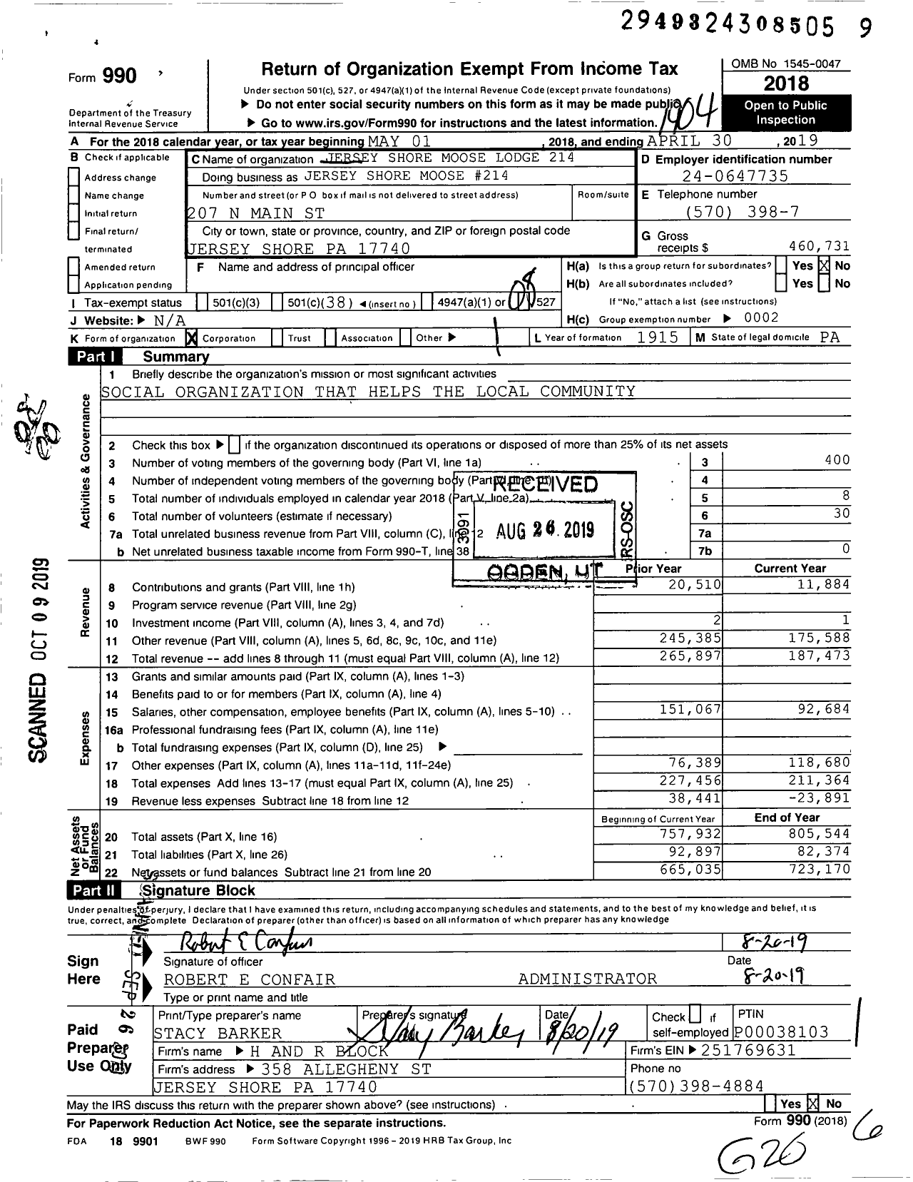 Image of first page of 2018 Form 990O for Loyal Order of Moose - 214