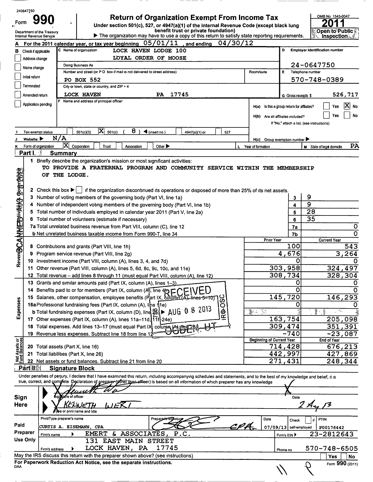 Image of first page of 2011 Form 990O for Loyal Order of Moose - 100