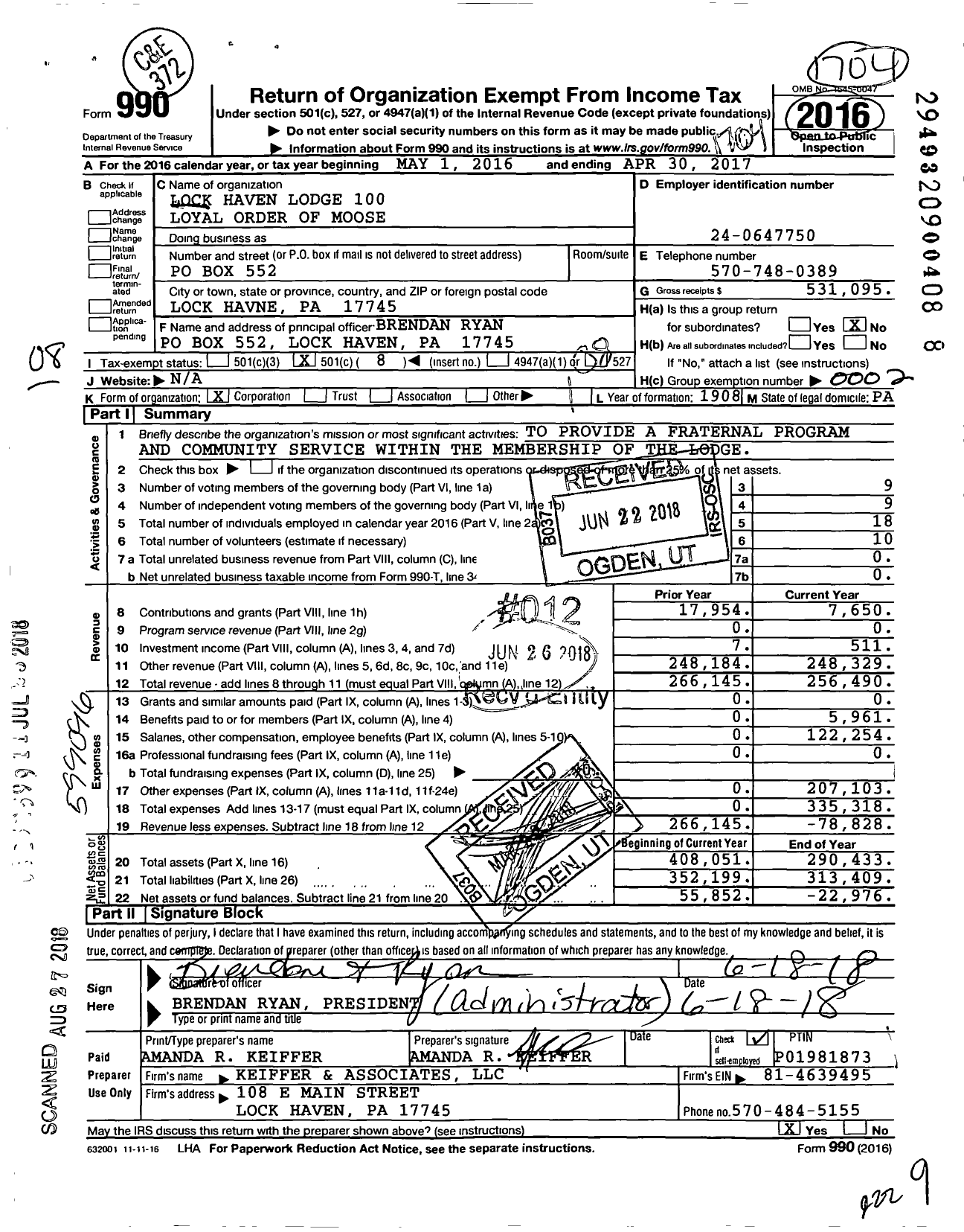 Image of first page of 2016 Form 990O for Loyal Order of Moose - 100