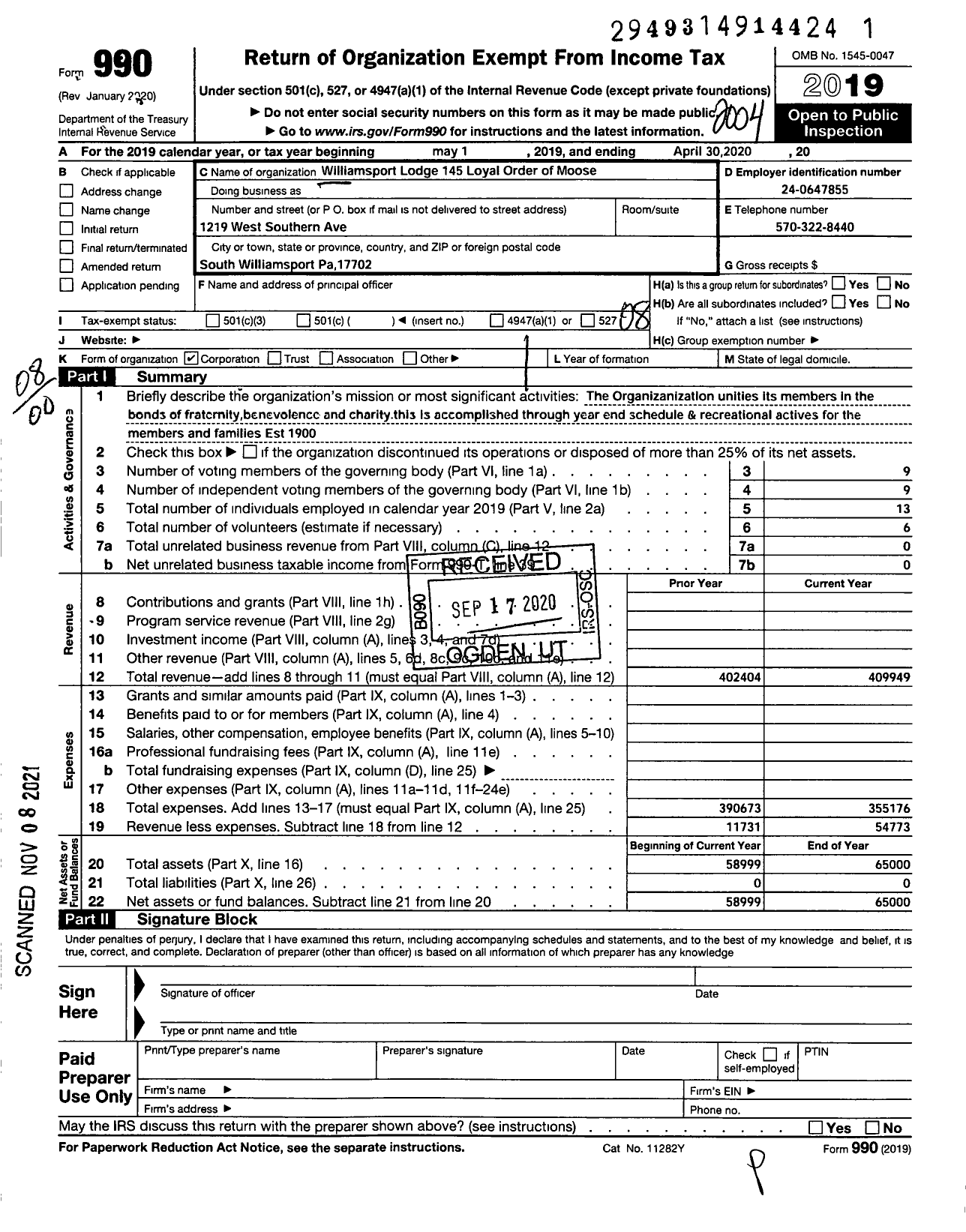 Image of first page of 2019 Form 990O for Loyal Order of Moose - 145