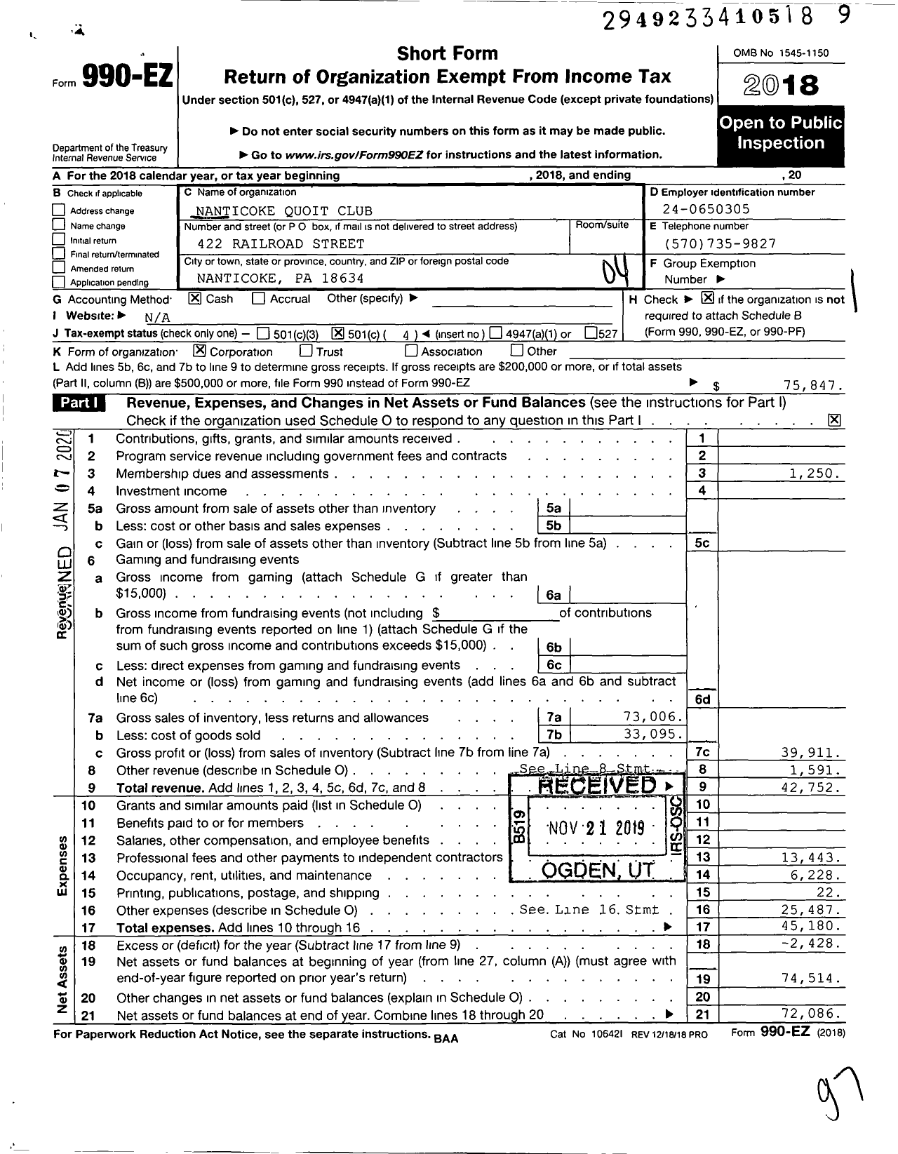 Image of first page of 2018 Form 990EO for Nanticoke Quoit Club