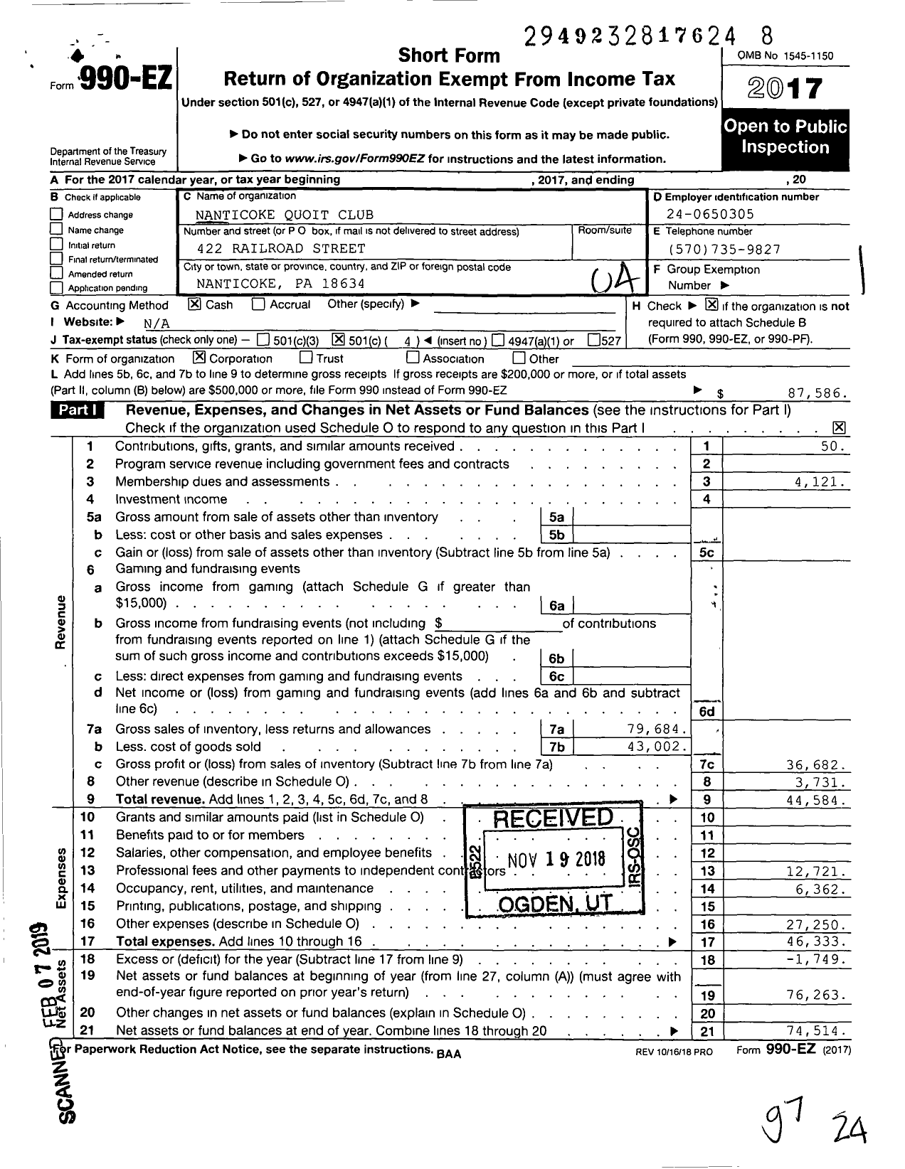 Image of first page of 2017 Form 990EO for Nanticoke Quoit Club