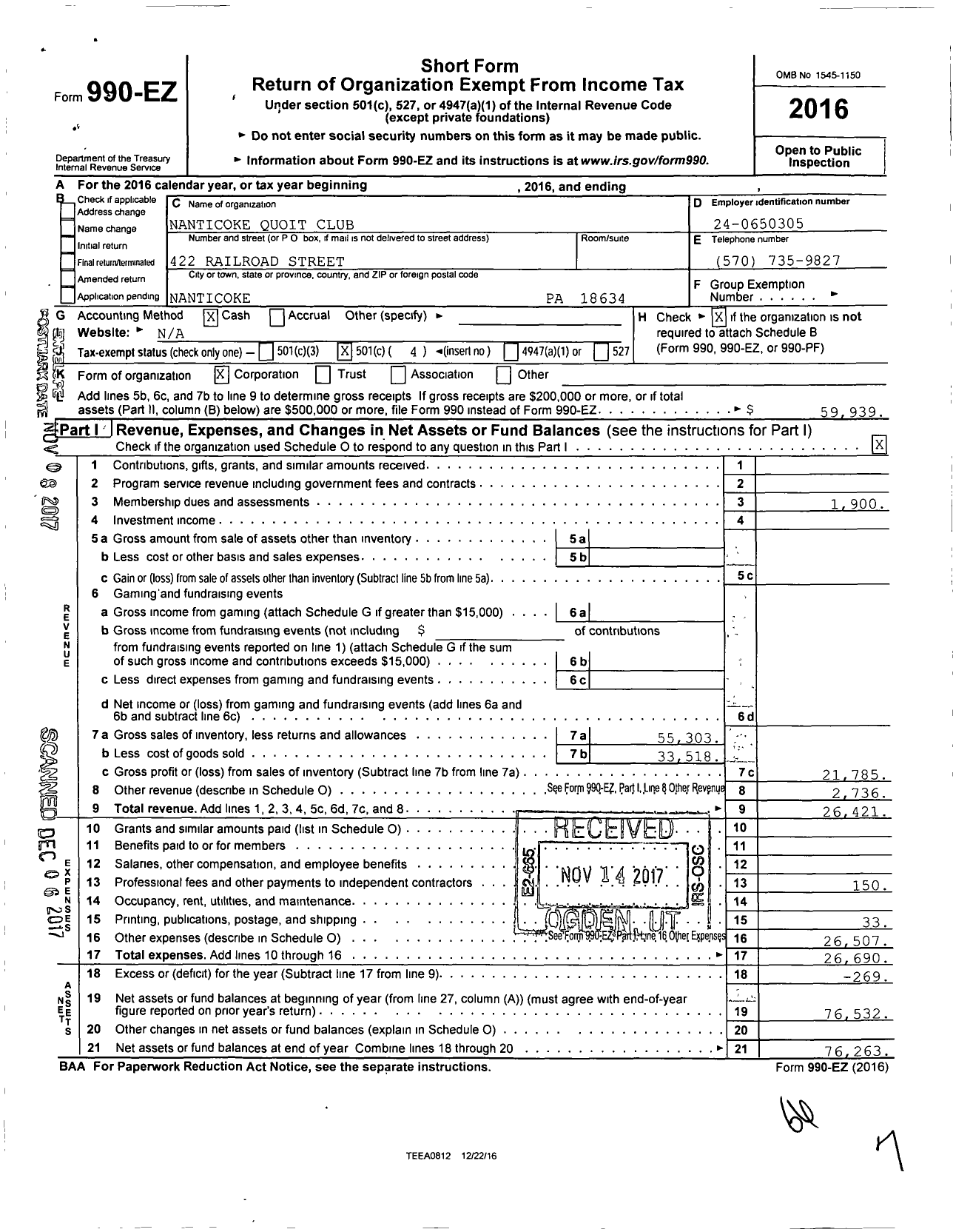 Image of first page of 2016 Form 990EO for Nanticoke Quoit Club