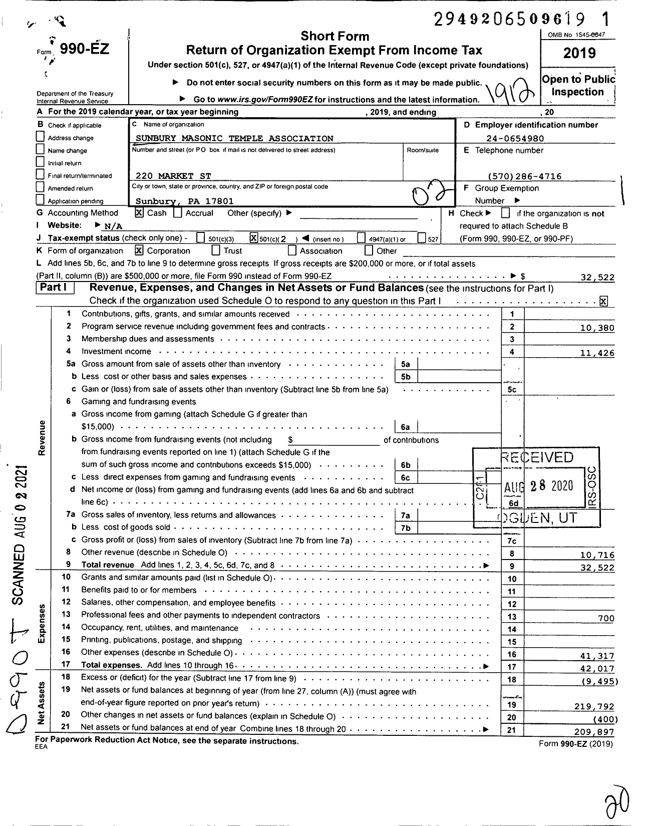 Image of first page of 2019 Form 990EO for Sunbury Masonic Temple Association