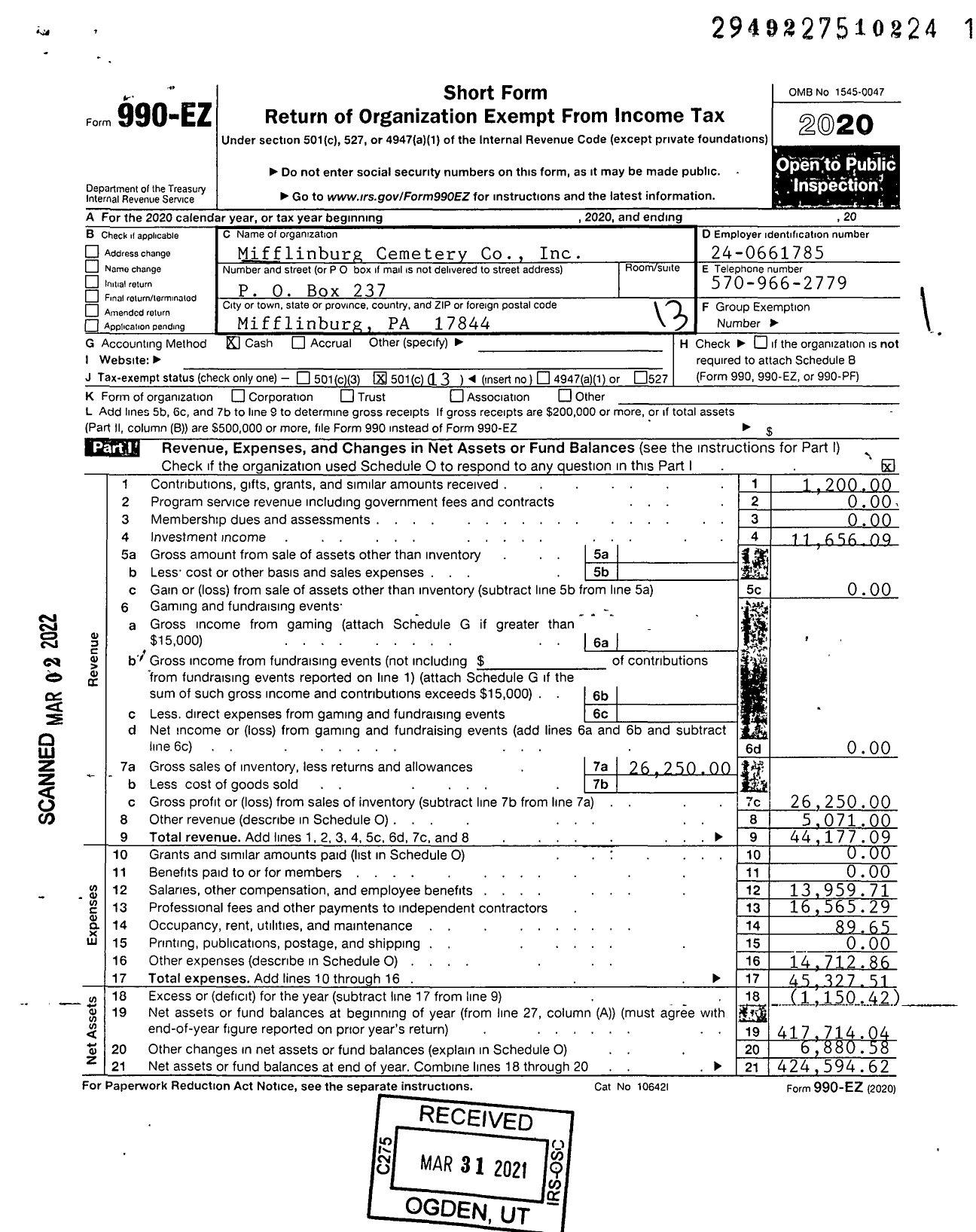 Image of first page of 2020 Form 990EO for Mifflinburg Cemetery