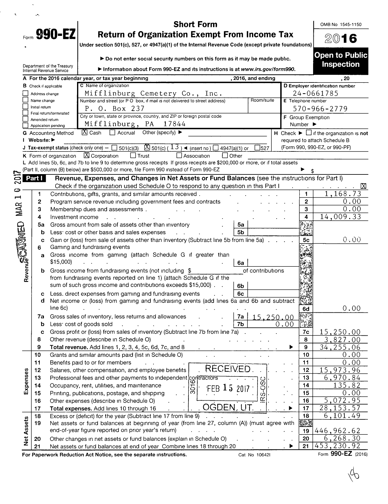 Image of first page of 2016 Form 990EO for Mifflinburg Cemetery