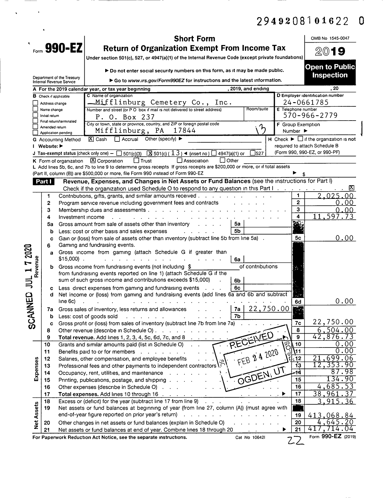 Image of first page of 2019 Form 990EO for Mifflinburg Cemetery