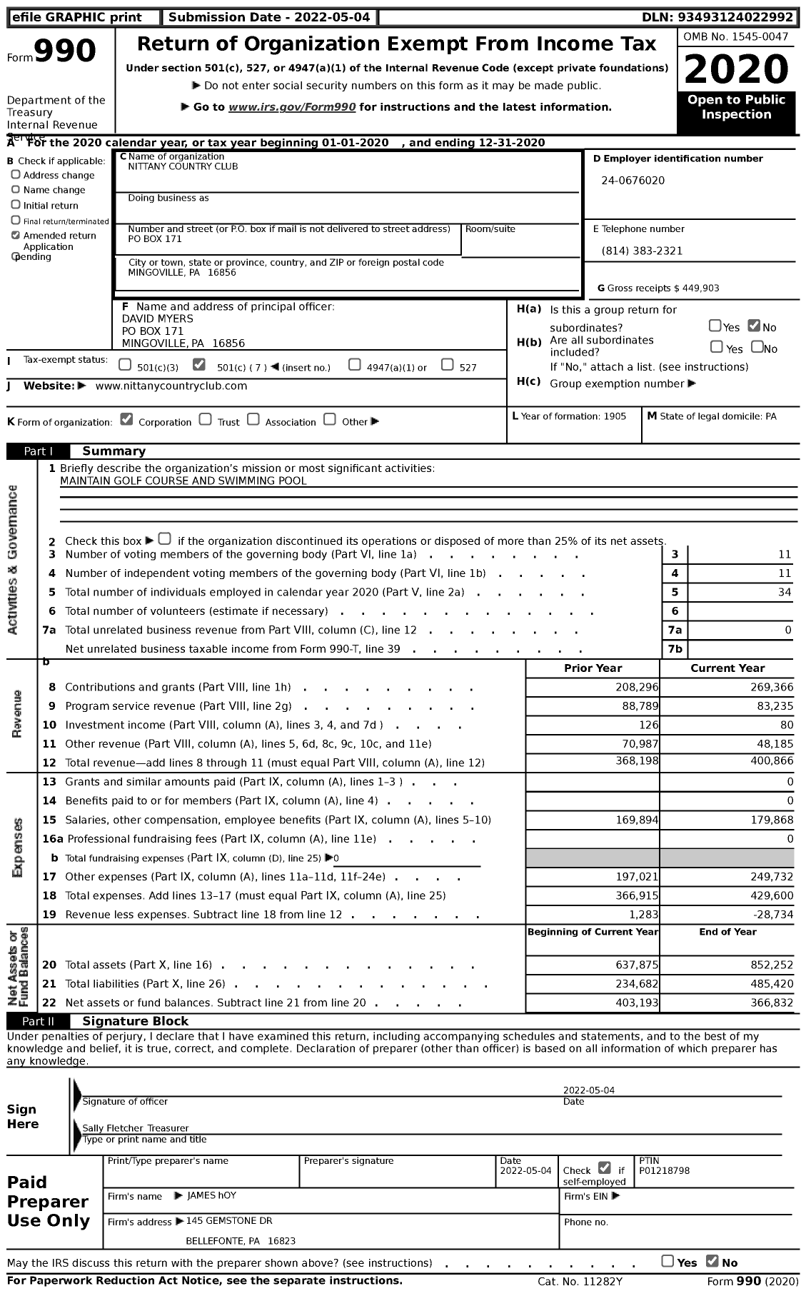 Image of first page of 2020 Form 990 for Nittany Country Club