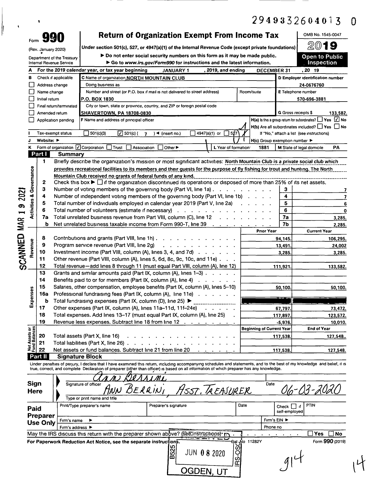 Image of first page of 2019 Form 990O for North Mountain Club