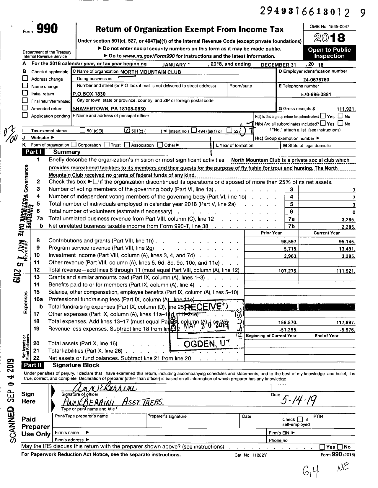 Image of first page of 2018 Form 990O for North Mountain Club