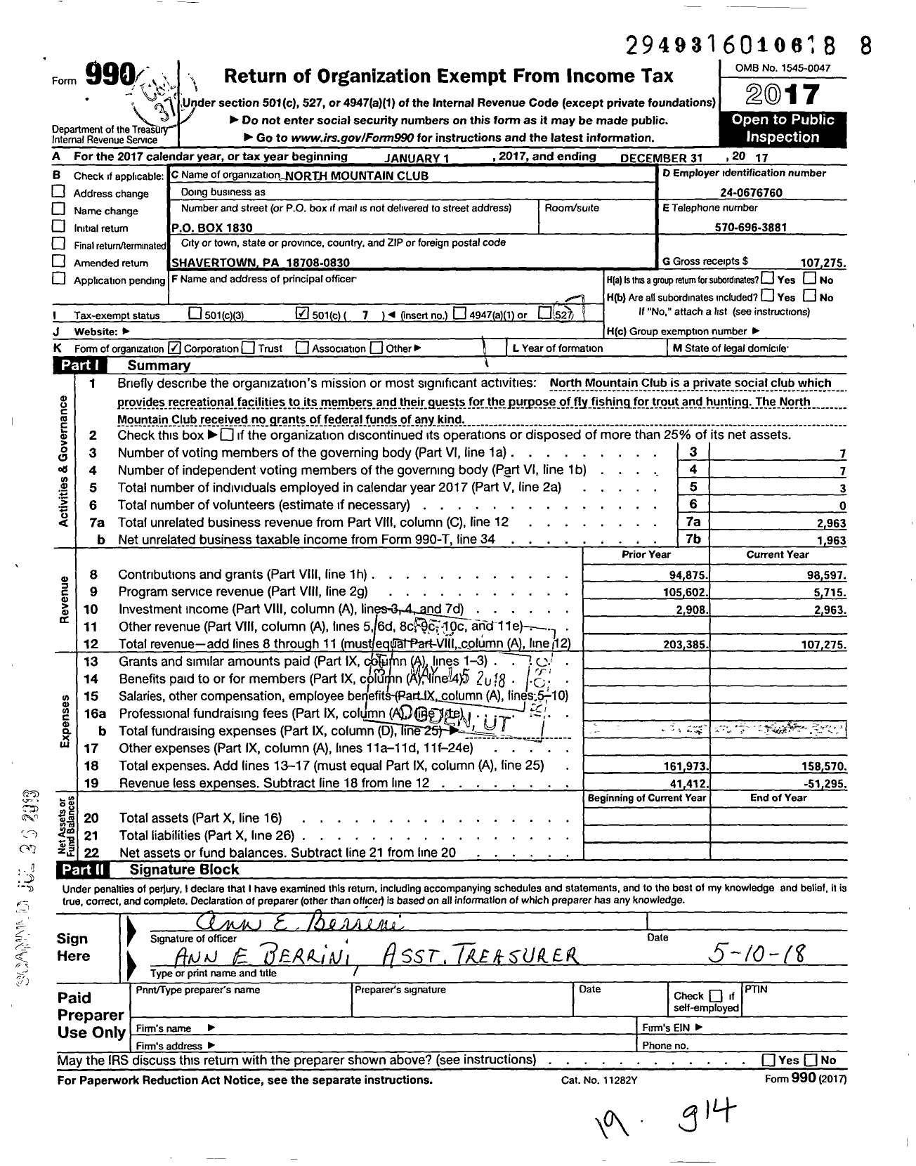 Image of first page of 2017 Form 990O for North Mountain Club