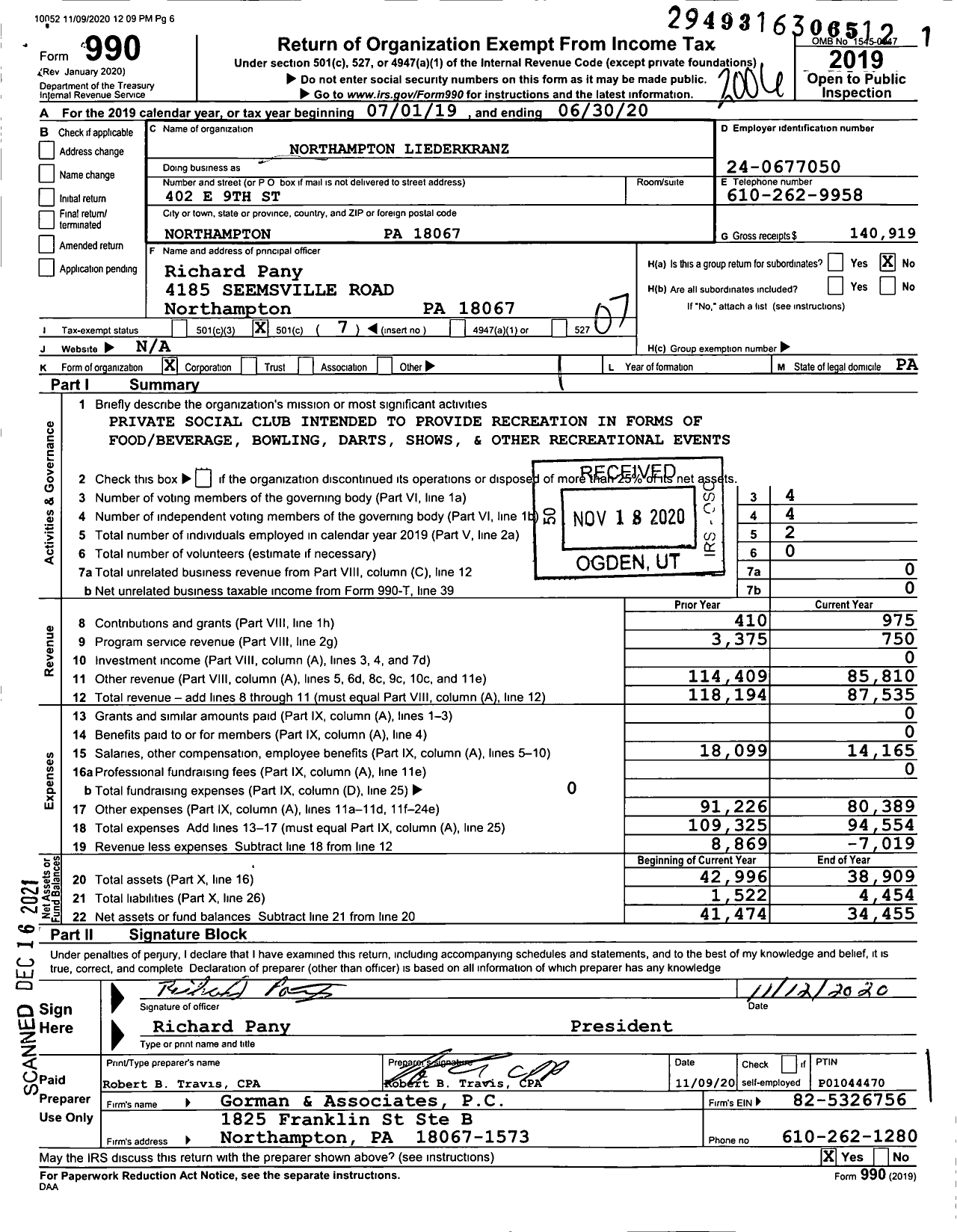 Image of first page of 2019 Form 990O for Northampton Liederkranz