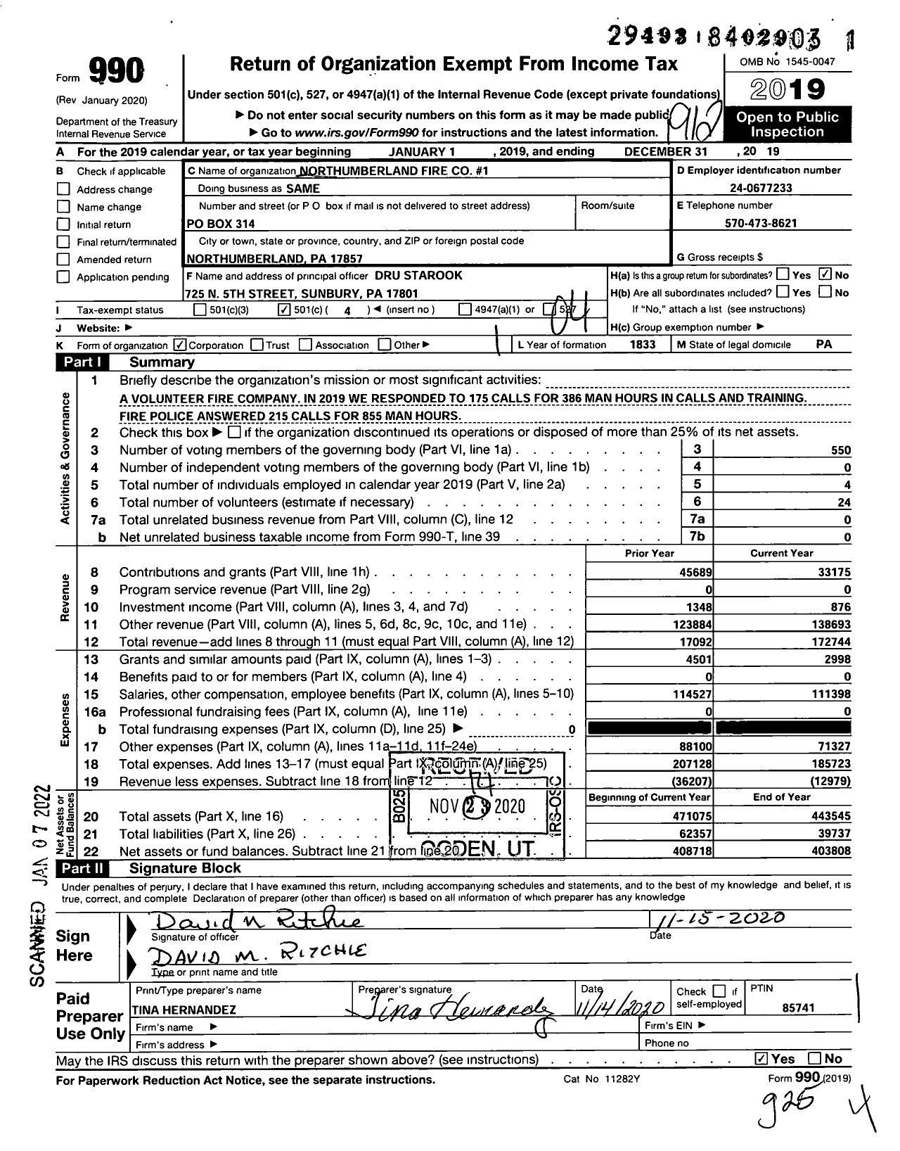 Image of first page of 2019 Form 990O for Northumberland Fire Co-No 1