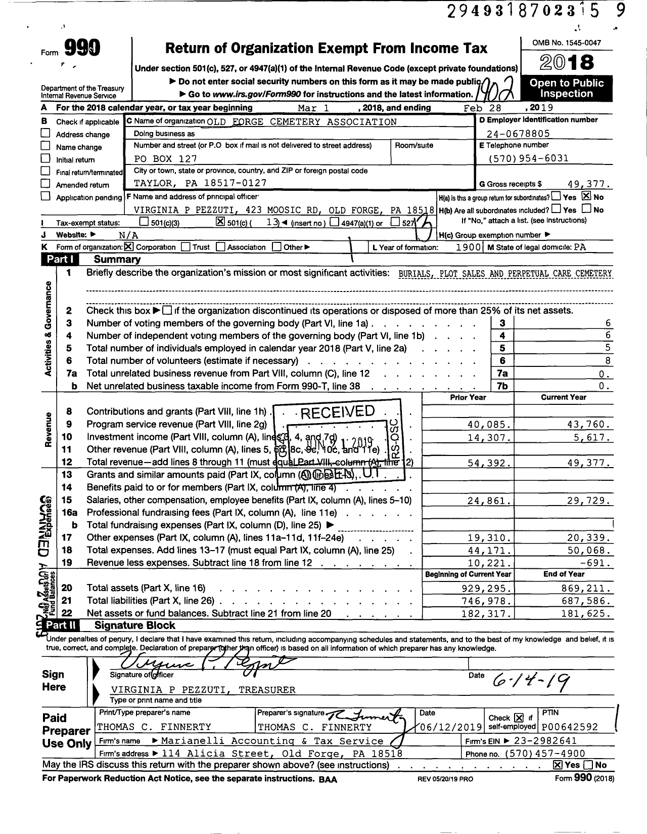 Image of first page of 2018 Form 990O for Old Forge Cemetery Association