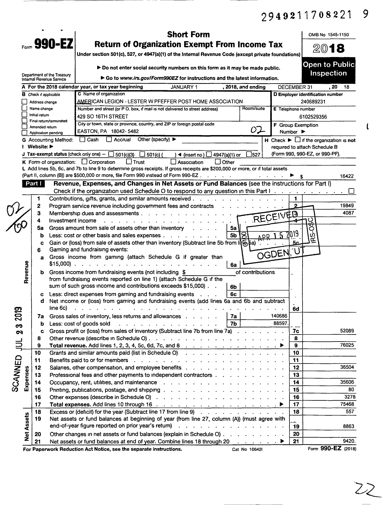 Image of first page of 2018 Form 990EO for Lester W Pfeffer American Legion Home Association