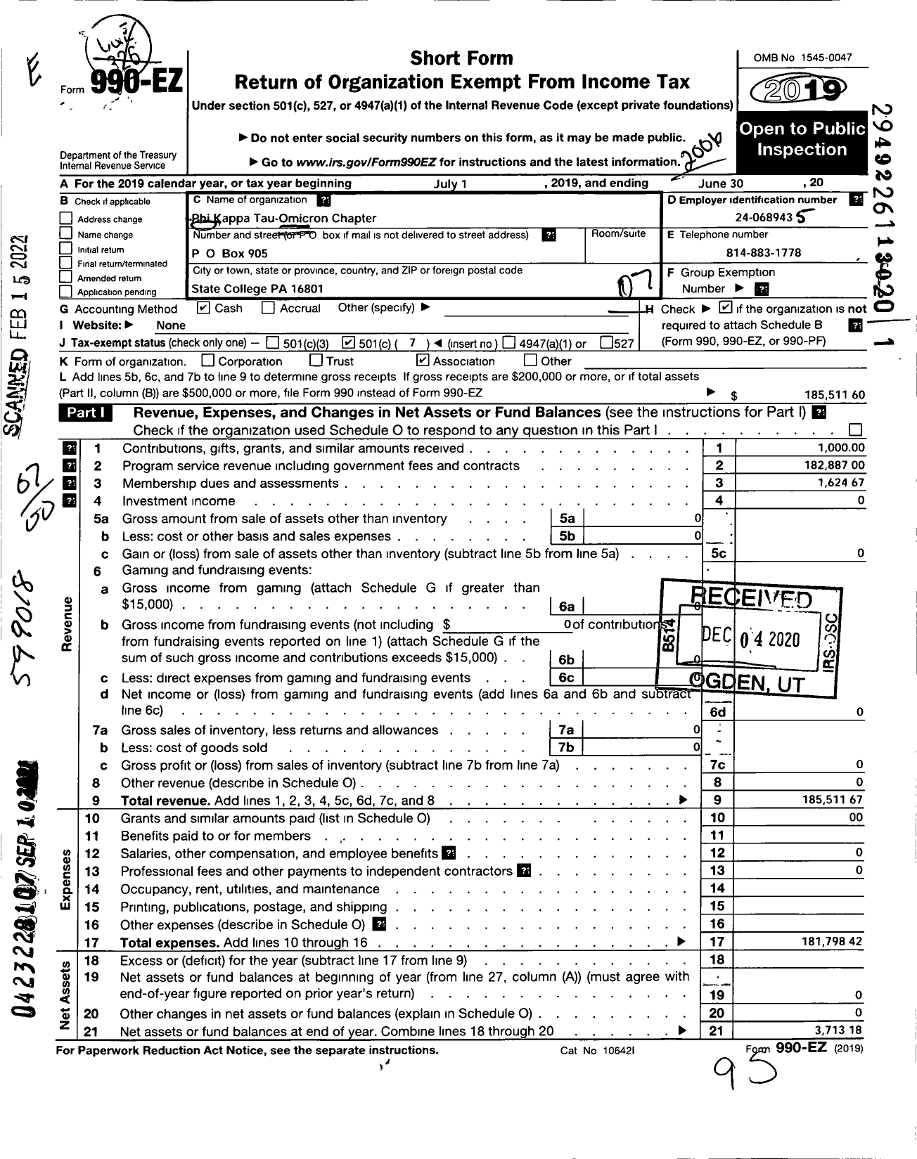 Image of first page of 2019 Form 990EO for Phi Kappa Tau-Omicron Chapter