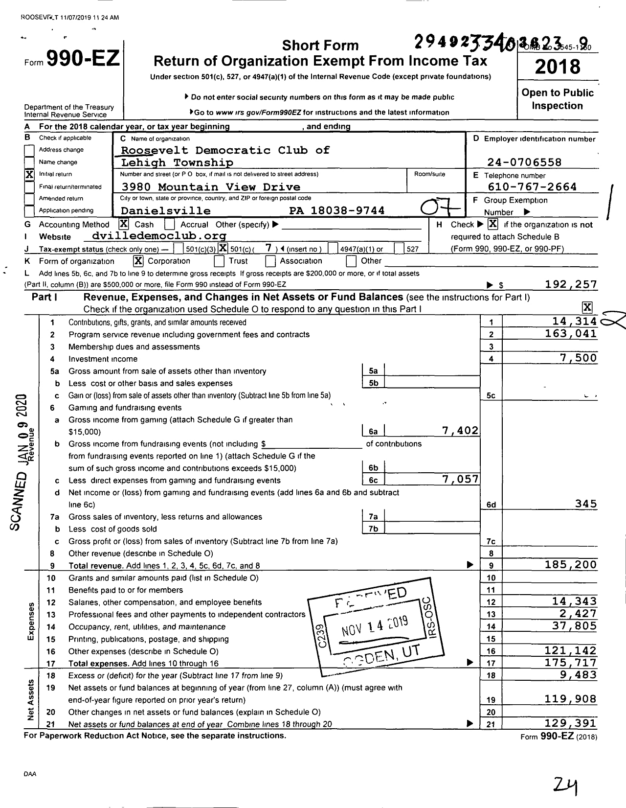 Image of first page of 2018 Form 990EO for Roosevelt Democratic Club of Lehigh Township