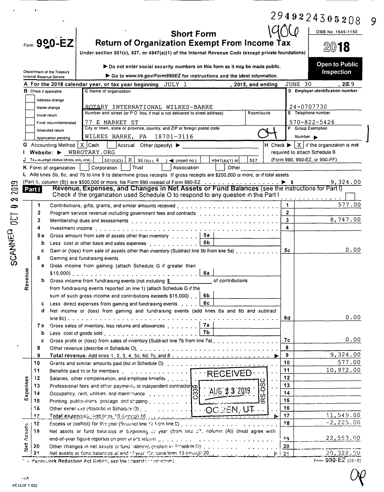 Image of first page of 2018 Form 990EO for Rotary International - Wilkes-Barre